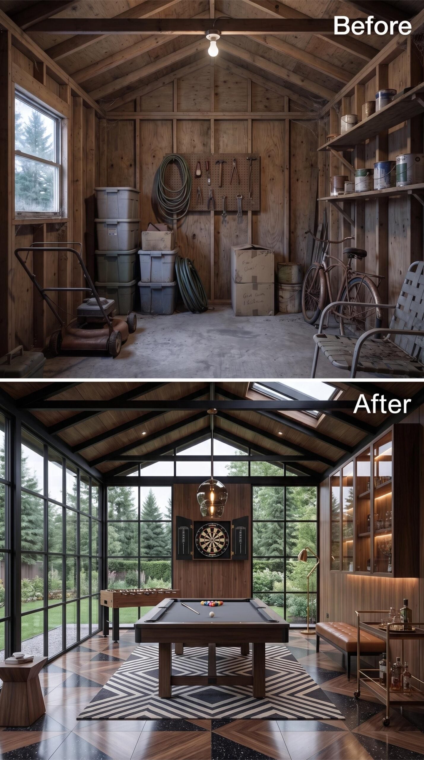 Pool Table, Dart Cabinet, and Steel Grid Glass Wrapped Around a Shed Frame