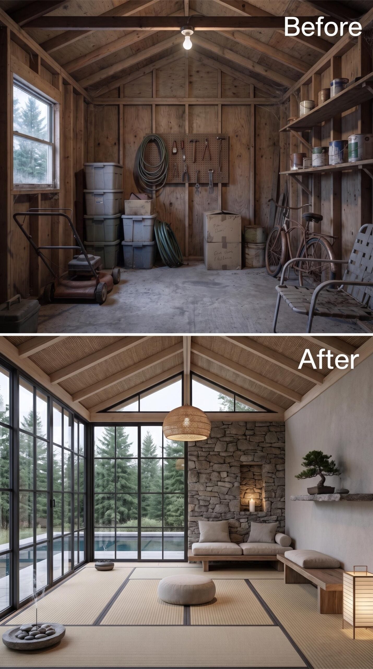 Woven Floor Mats, Stone Fireplace, and Grid-Paned Glass Facing the Garden