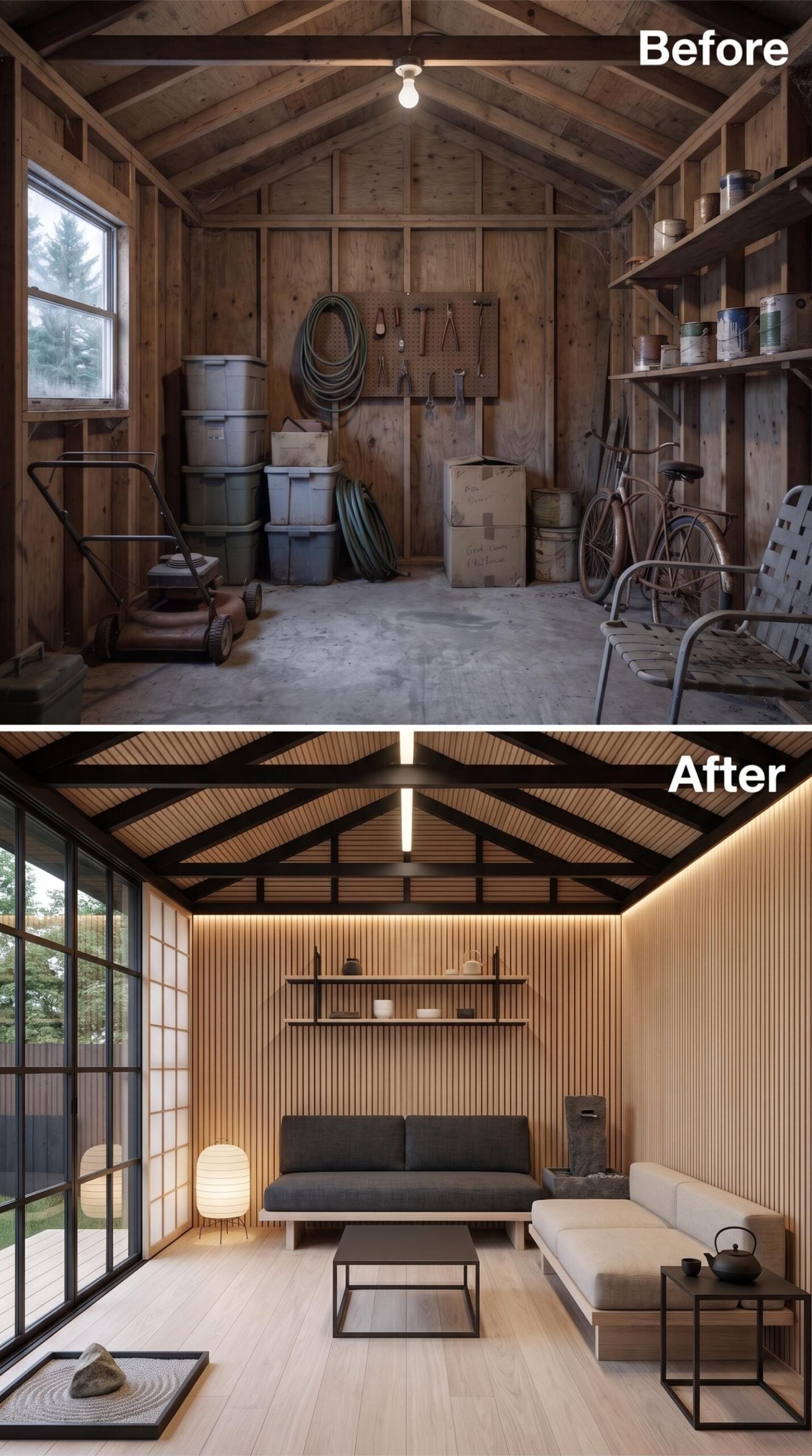 Vertical Slat Walls, Exposed Rafters Painted Dark, and a Room Built for Quiet