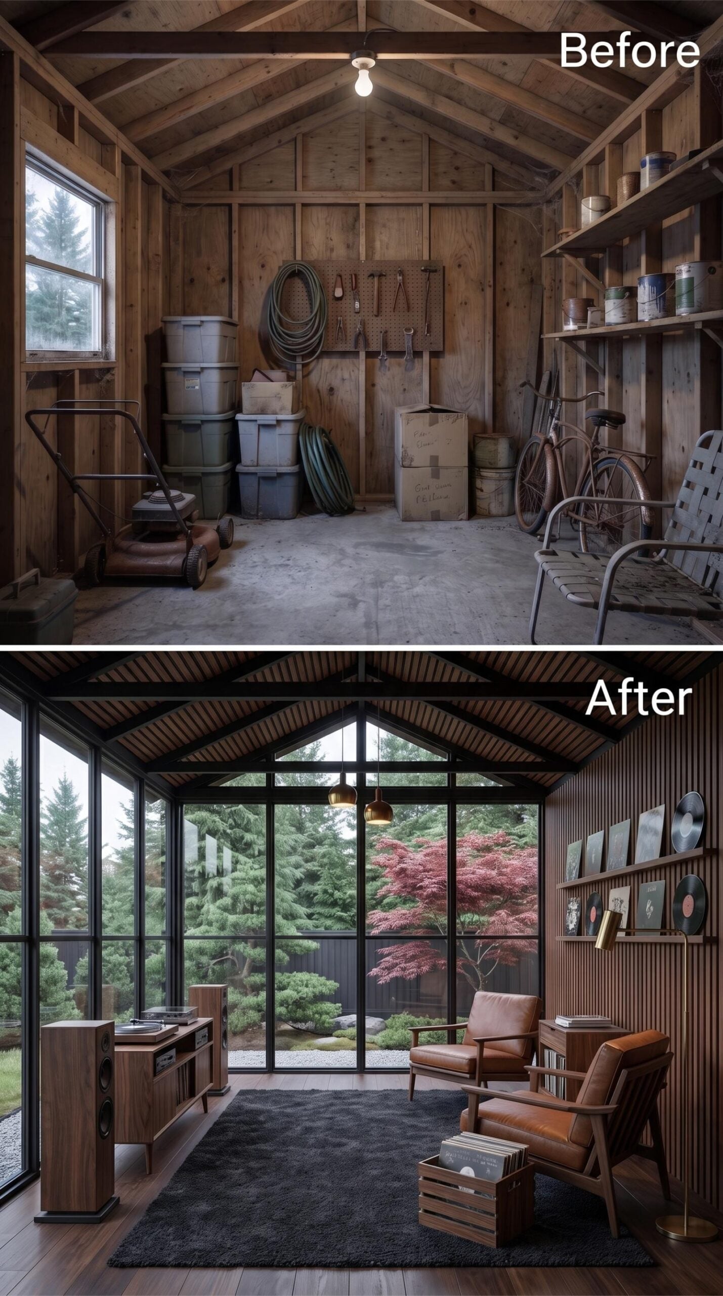 Walnut Slat Walls, Copper Pendant, and Steel-Framed Glass Facing a Maple Tree