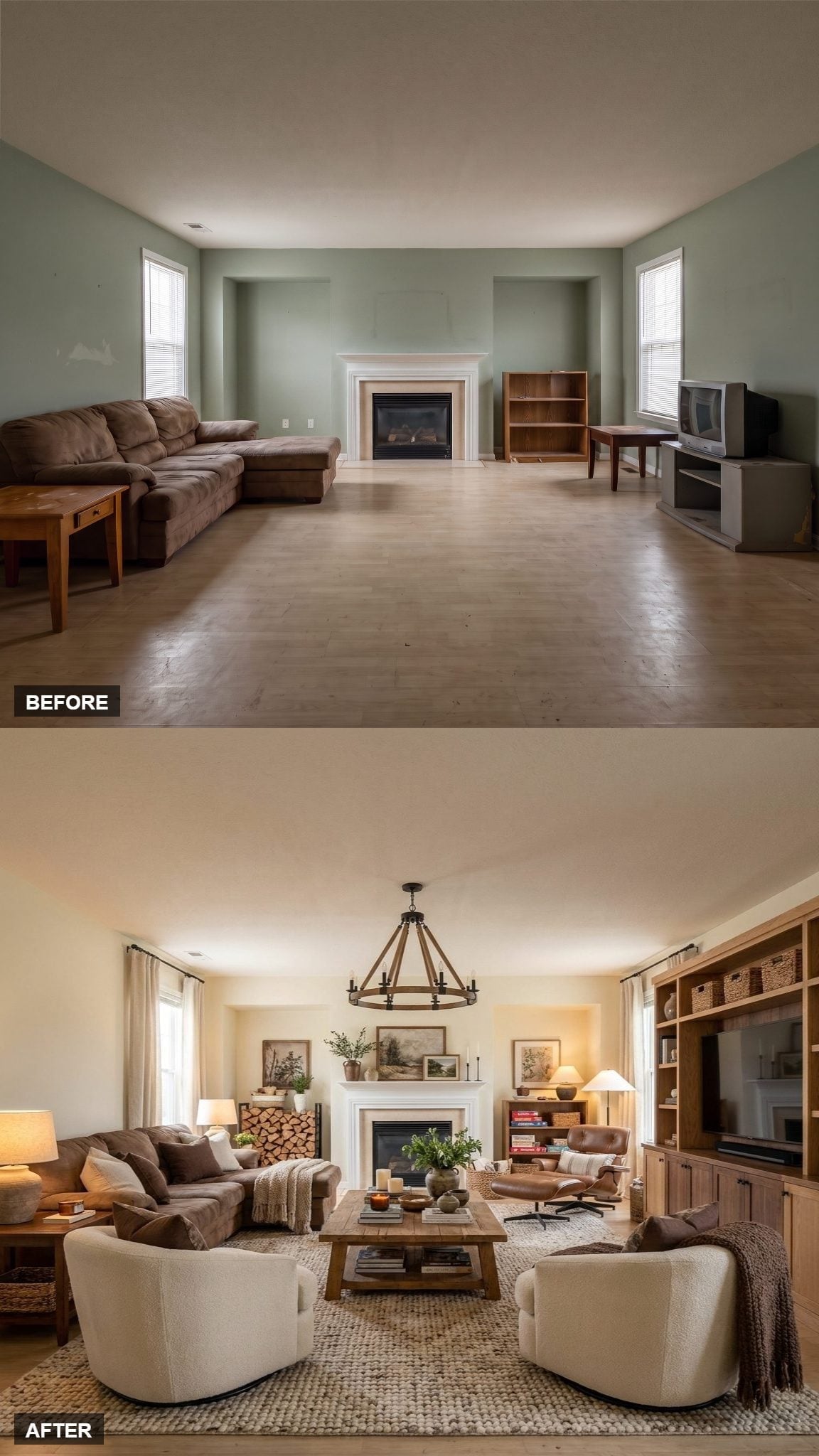 Boucle Swivel Chairs and a Wood-and-Iron Chandelier Finally Gave This Room a Gravity