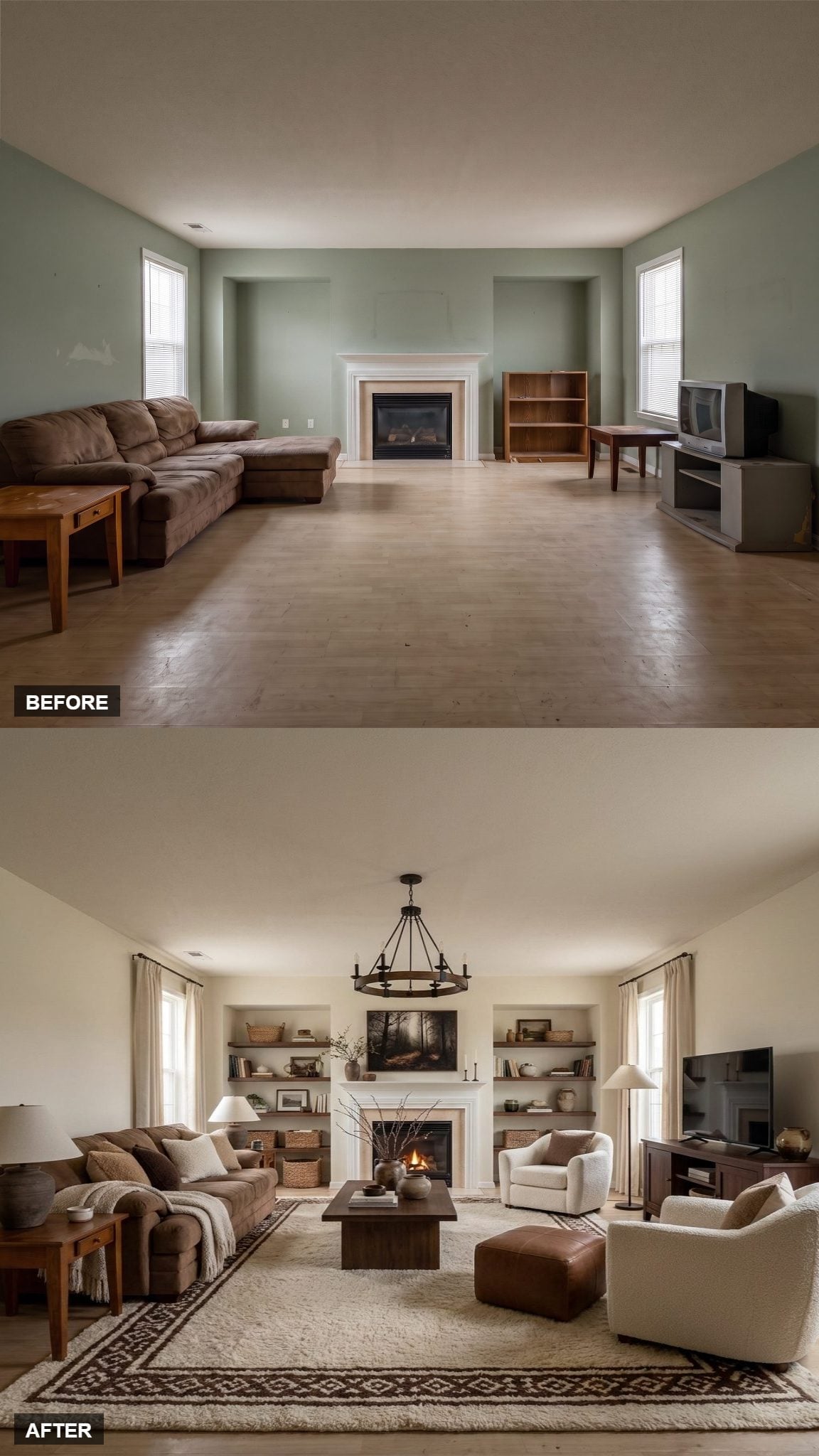 Built-In Shelves and a Forged-Iron Chandelier Finally Gave This Room a Reason to Stay