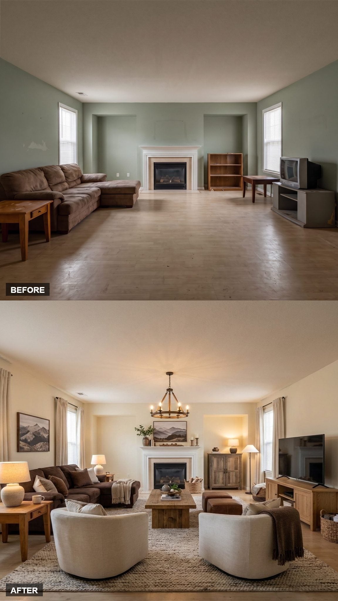 Cream Paint and a Chandelier Convinced a Cavernous Room to Feel Half Its Size