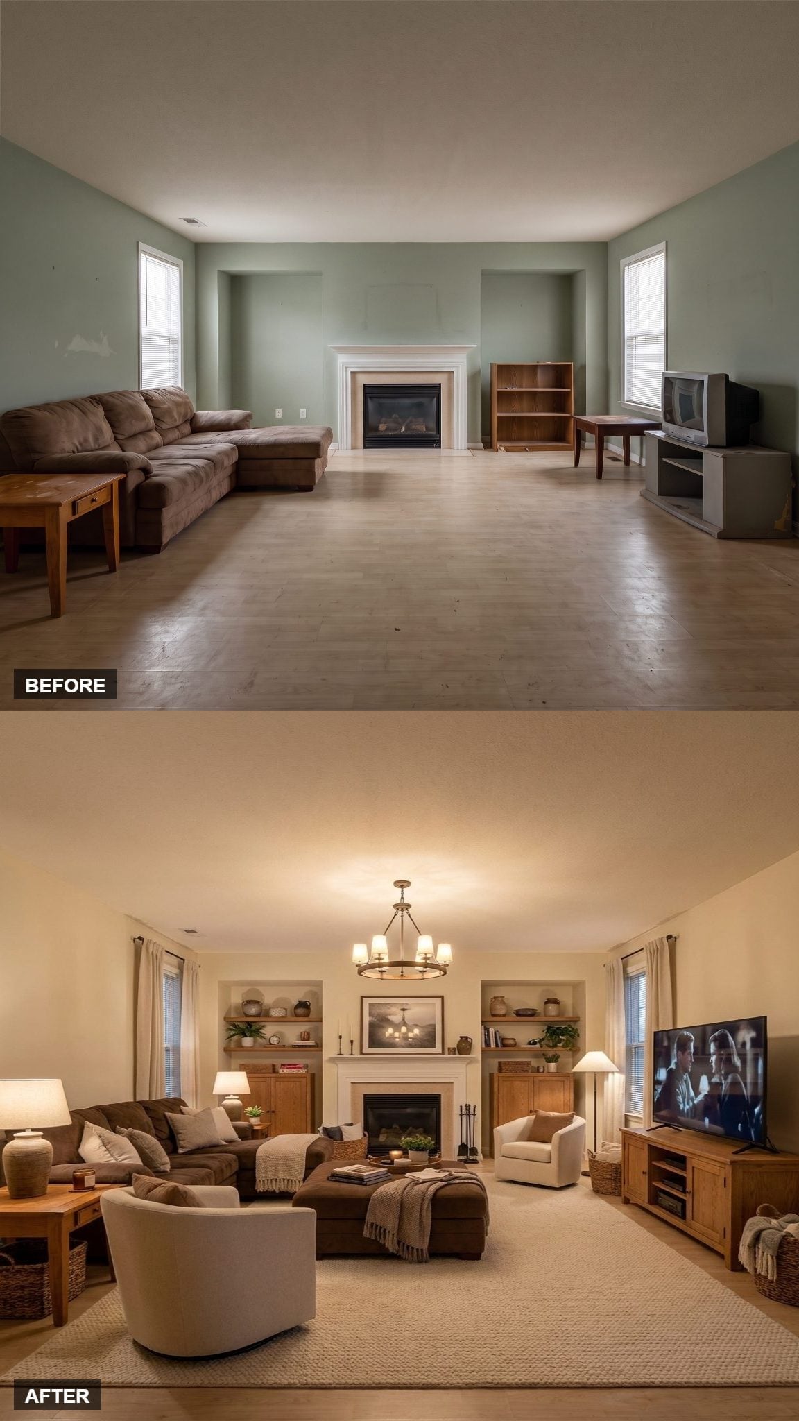 Cream Paint and Built-Ins Earned Their Keep. The Chandelier Sealed the Deal.