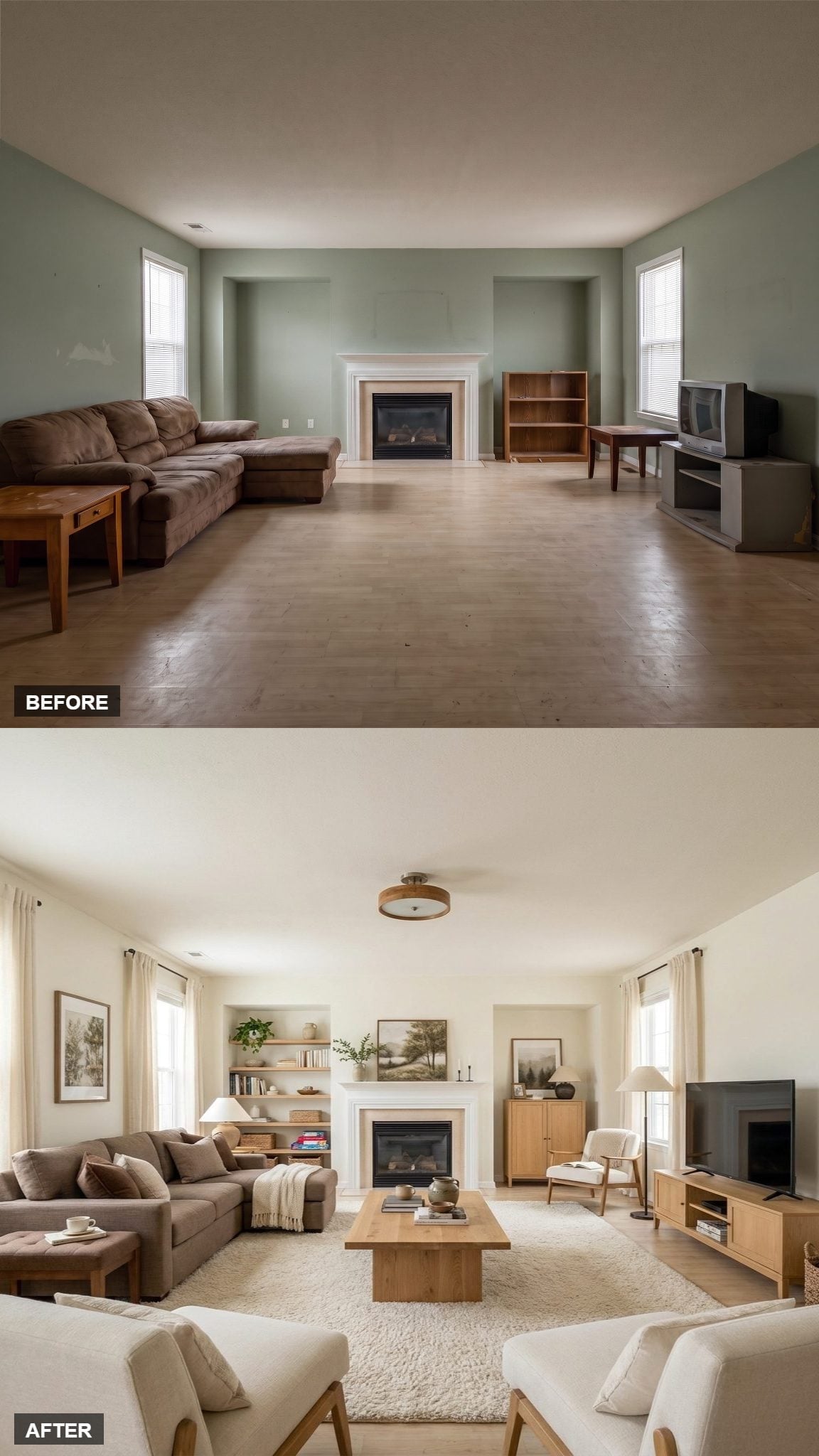 Cream Walls and a Flush Wood Fixture Pulled This Oversized Room Back Together