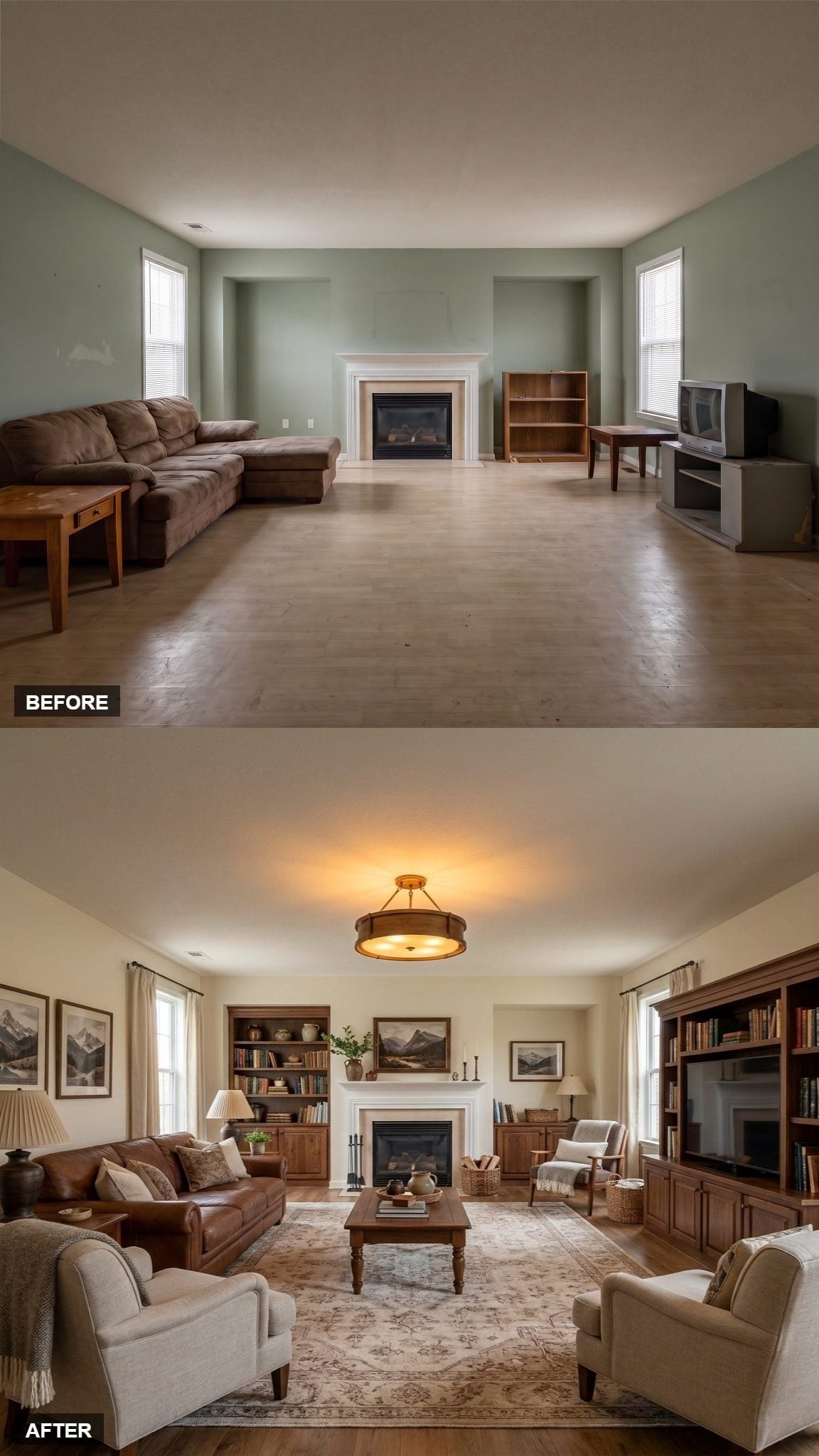 Drum Light, Built-Ins, and a Patterned Rug Finally Gave This Room Somewhere to Be