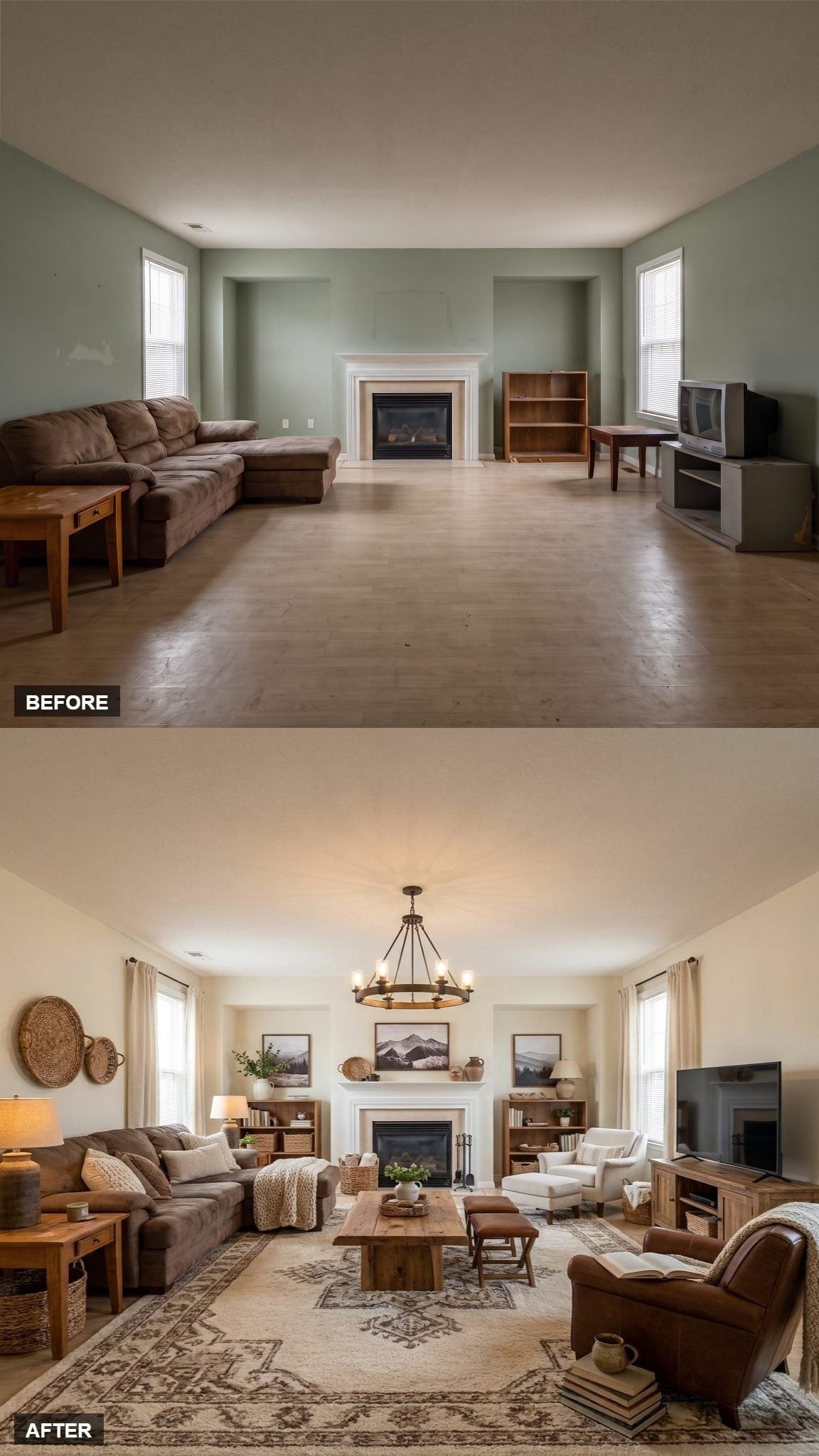 Flanking Bookcases and a Wagon-Wheel Chandelier Finally Gave This Room a Job