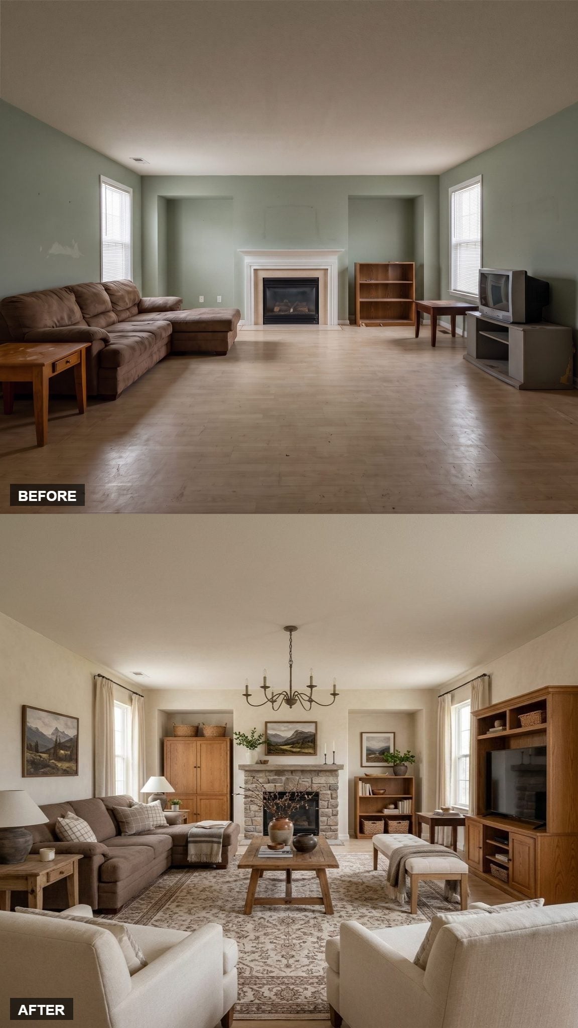 Flanking Cabinets and a Chandelier Finally Convinced This Room It Had a Center