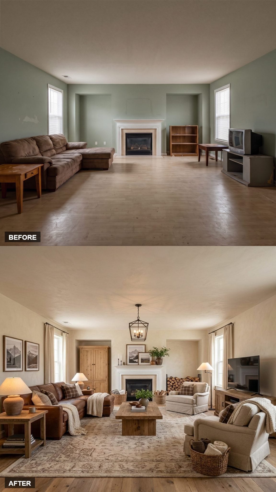 Leather, Linen, and a Lantern Chandelier Talked a Big Room Into Feeling Small