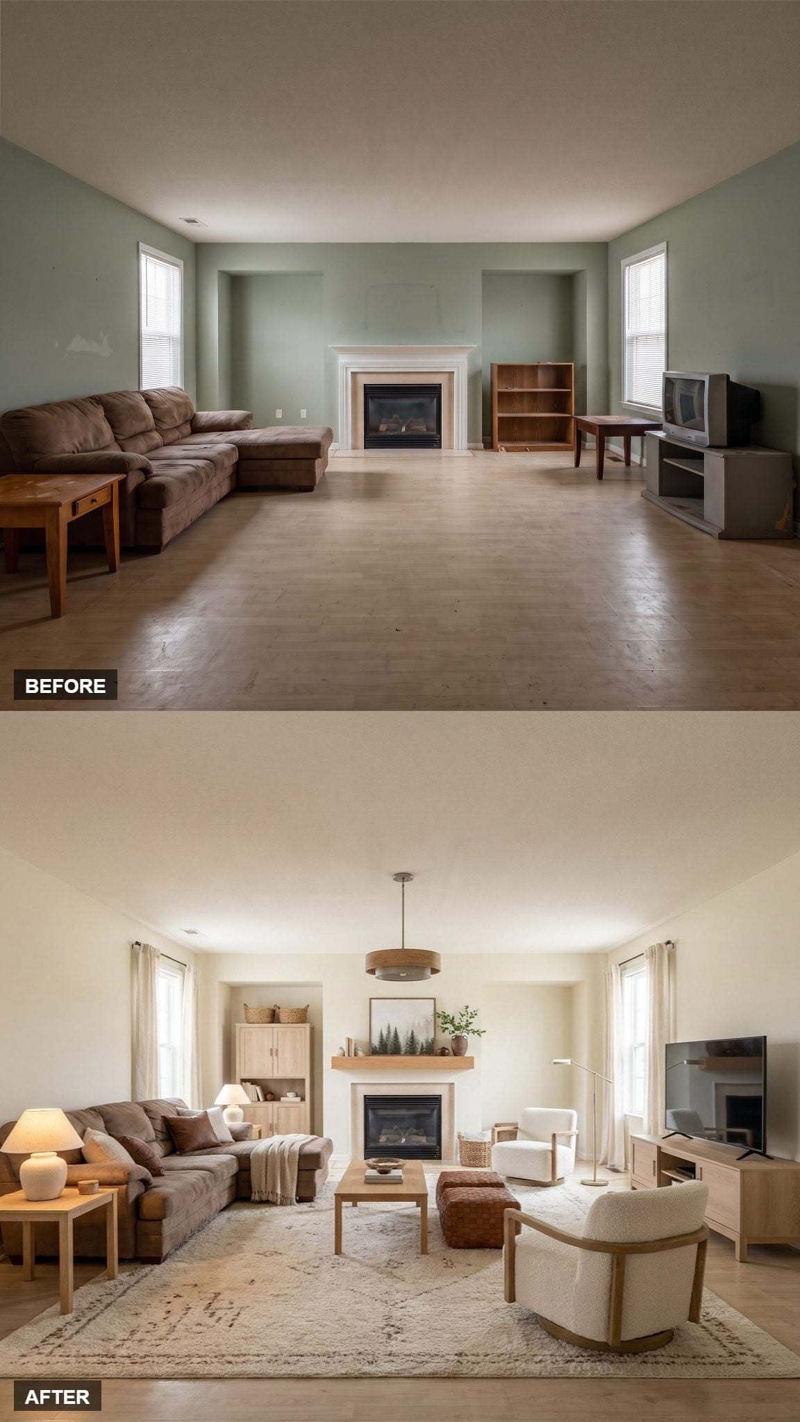 Pendant Light, Patterned Rug, and a Wood Mantel Shelf Talked This Room Into Behaving