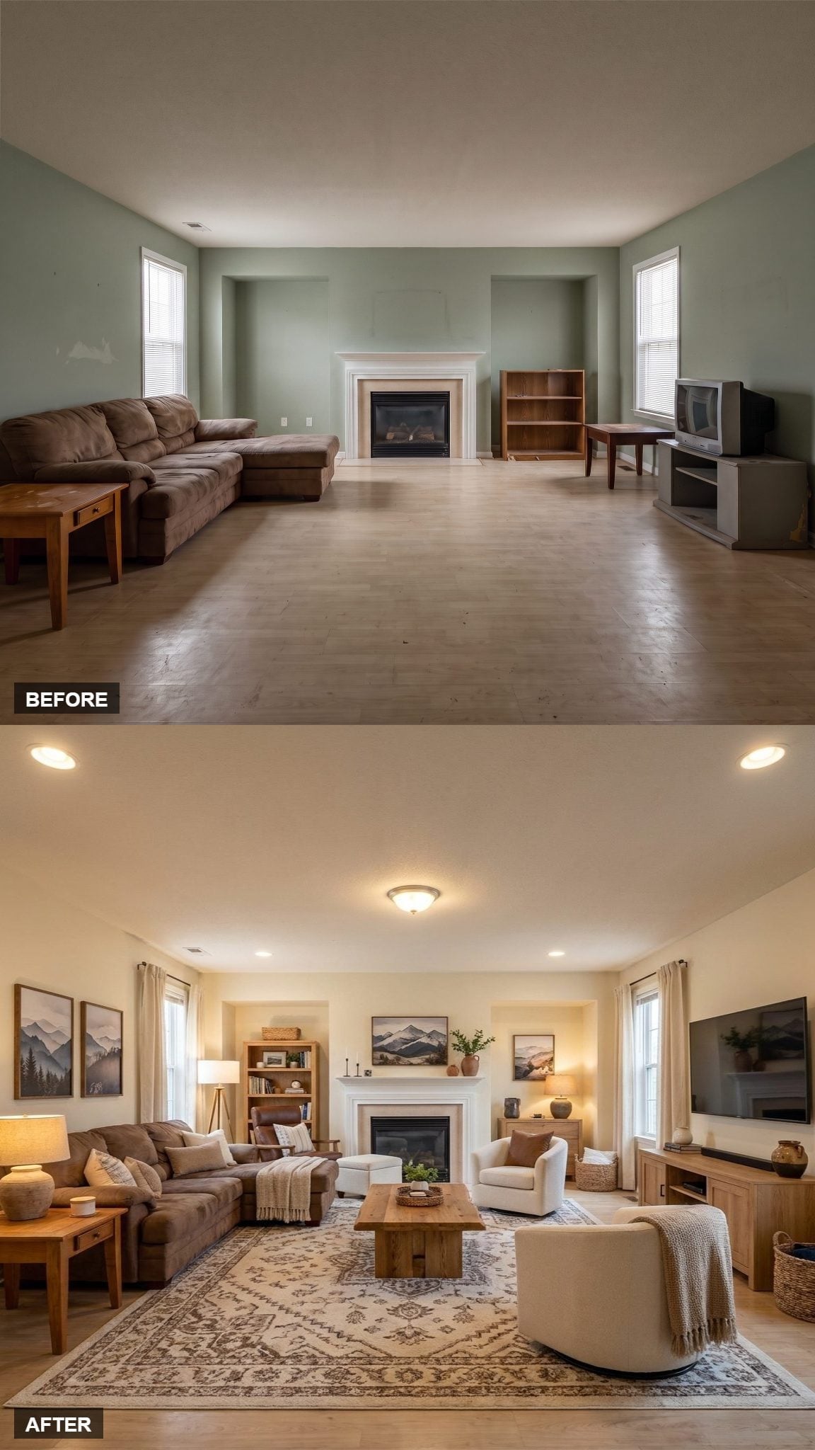 Recessed Lights and a Patterned Rug Finally Convinced This Room to Stop Echoing