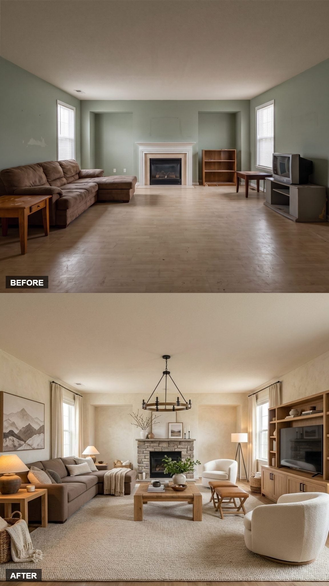 Stone Fireplace Surround and a Round Iron Chandelier Finally Made This Room Make Sense