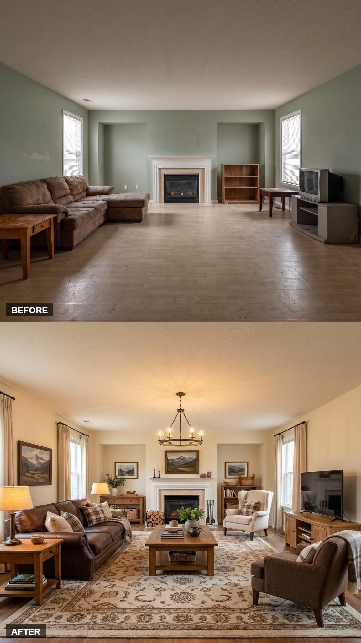 Warm Paint, Plaid, and a Chandelier Convinced a Big Room to Pull Itself Together