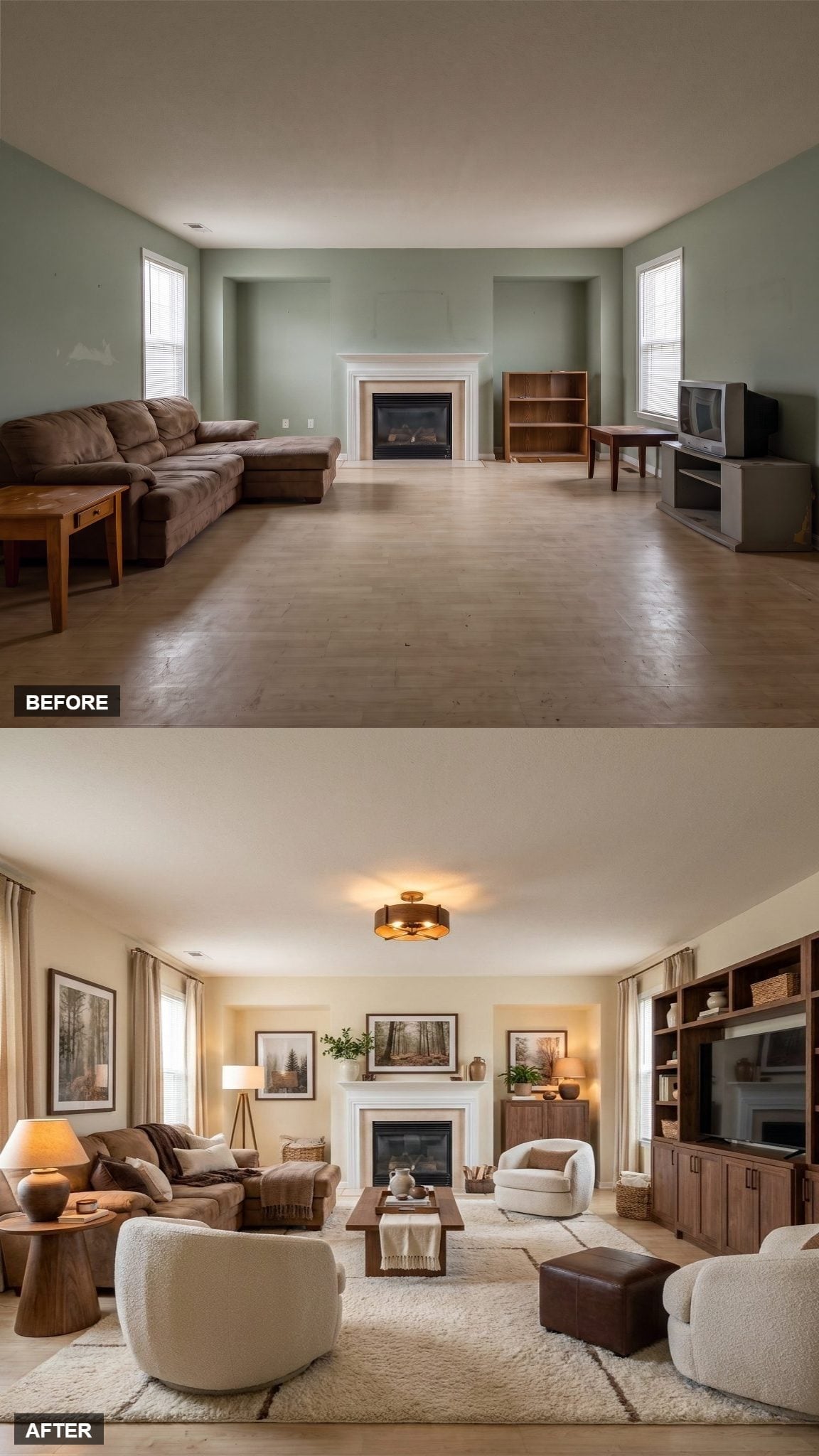 Warm Walnut Built-Ins and Bouclé Chairs Finally Gave This Room a Reason to Gather