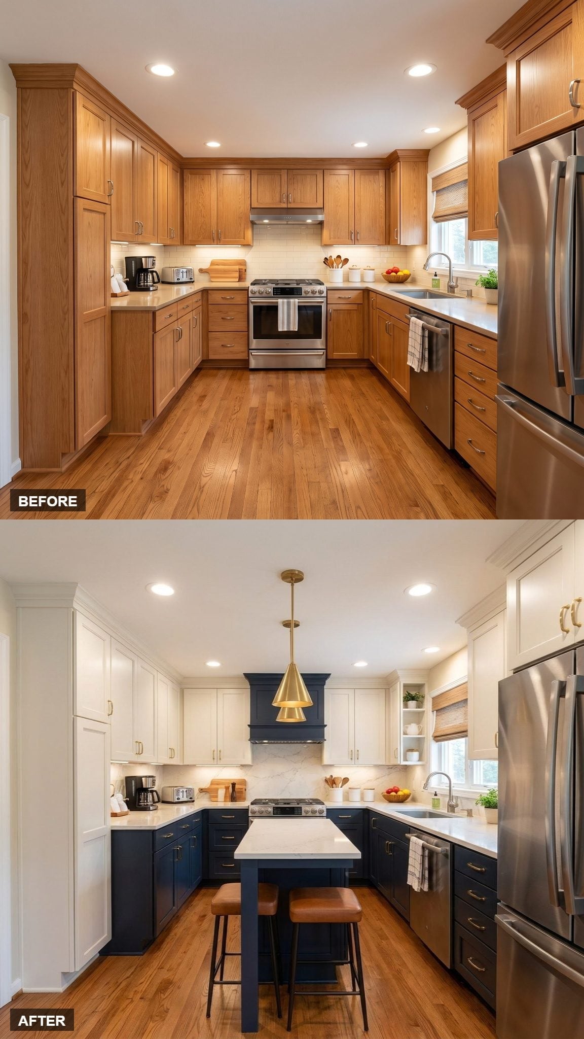 Gold Pendant, Navy Base Cabinets, and the Island That Finally Showed Up