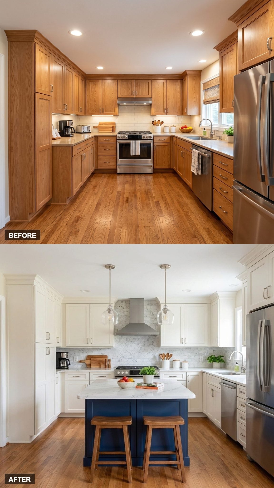 Marble Backsplash, Navy Island Base, Two Pendants That Finally Split the Work