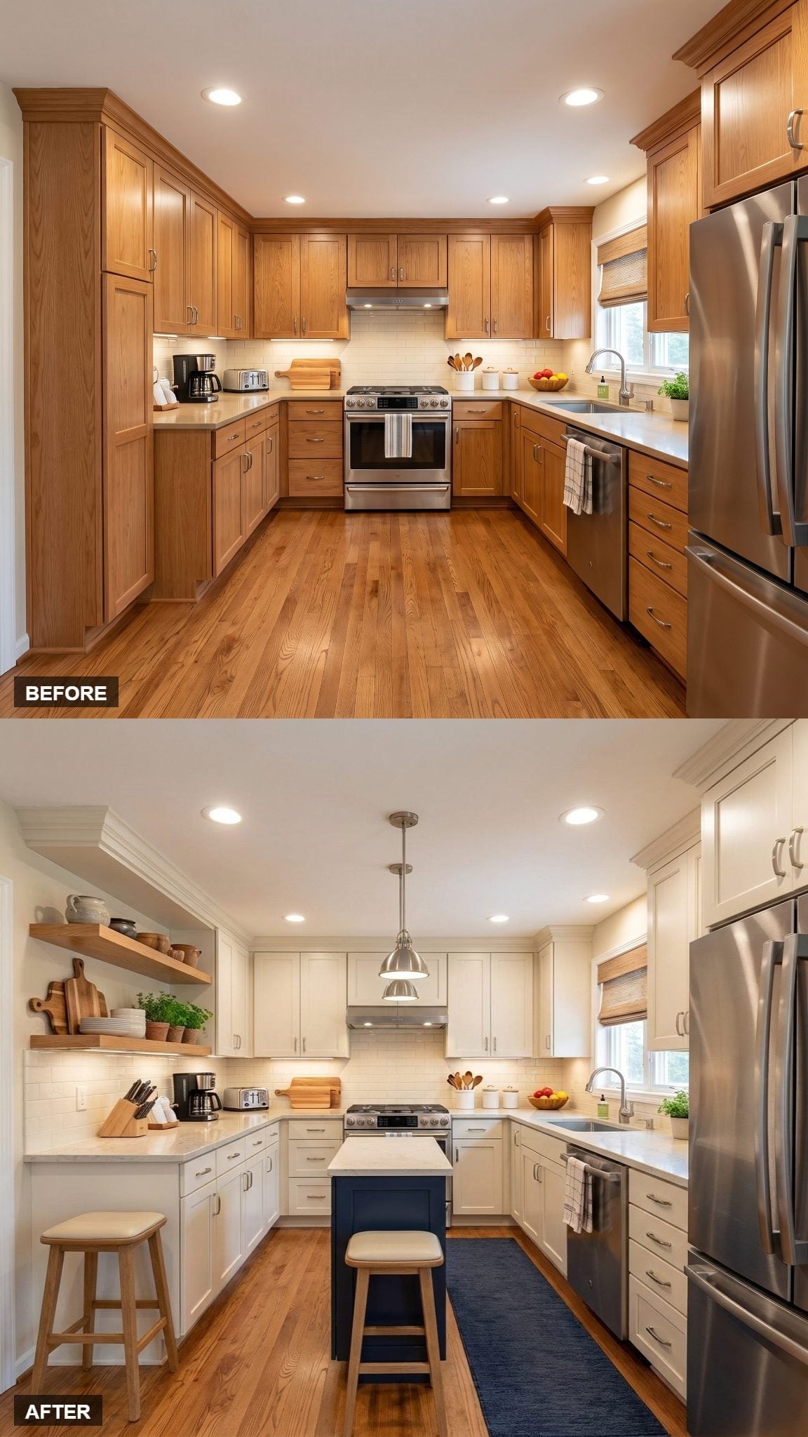 Navy Island, Open Shelves, and Chrome Pendant That Finally Had a Kitchen Worth Centering