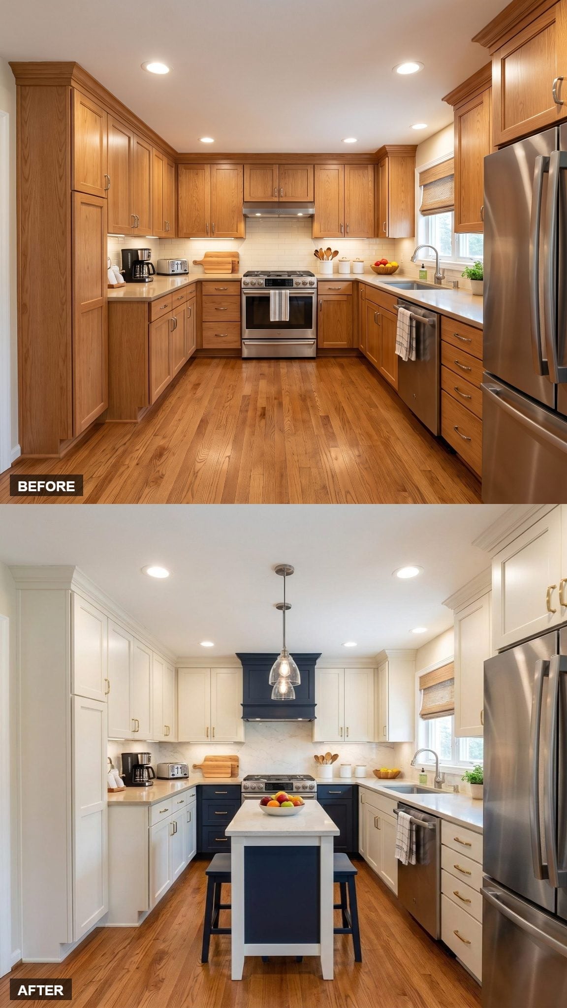 Painted Hood, Kitchen Island, Brass Pulls That Finally Make Sense Together