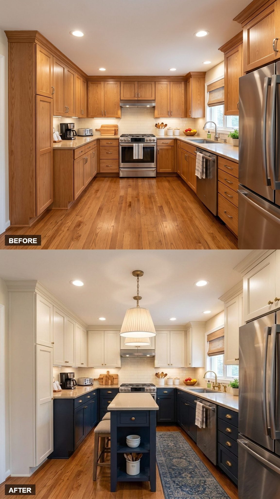 Two-Tone Shaker Kitchen With Navy Lowers, Cream Uppers, Brass Hardware, and Two Pleated Pendants