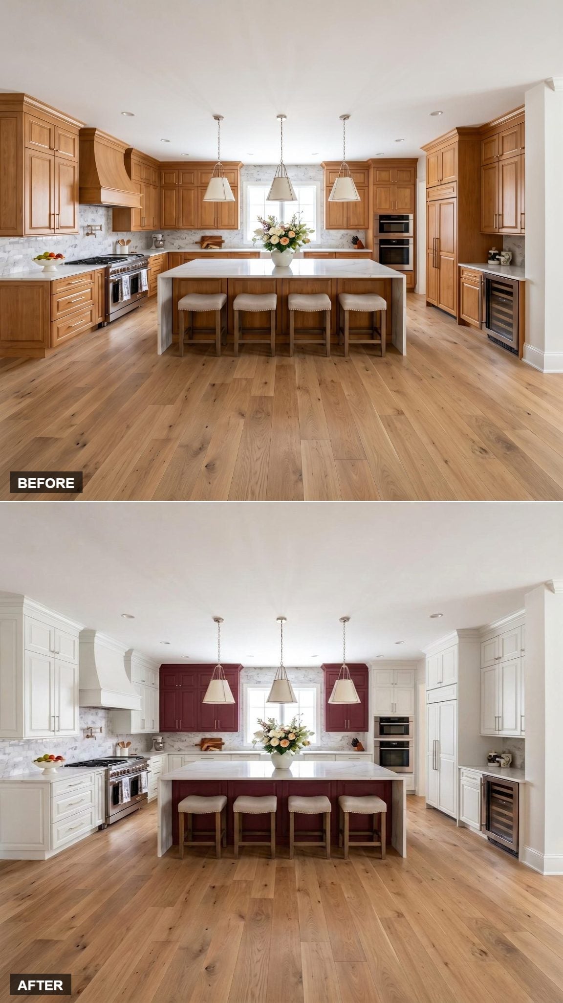 Burgundy Claims the Island and the Cabinets Behind It, White Gets the Rest