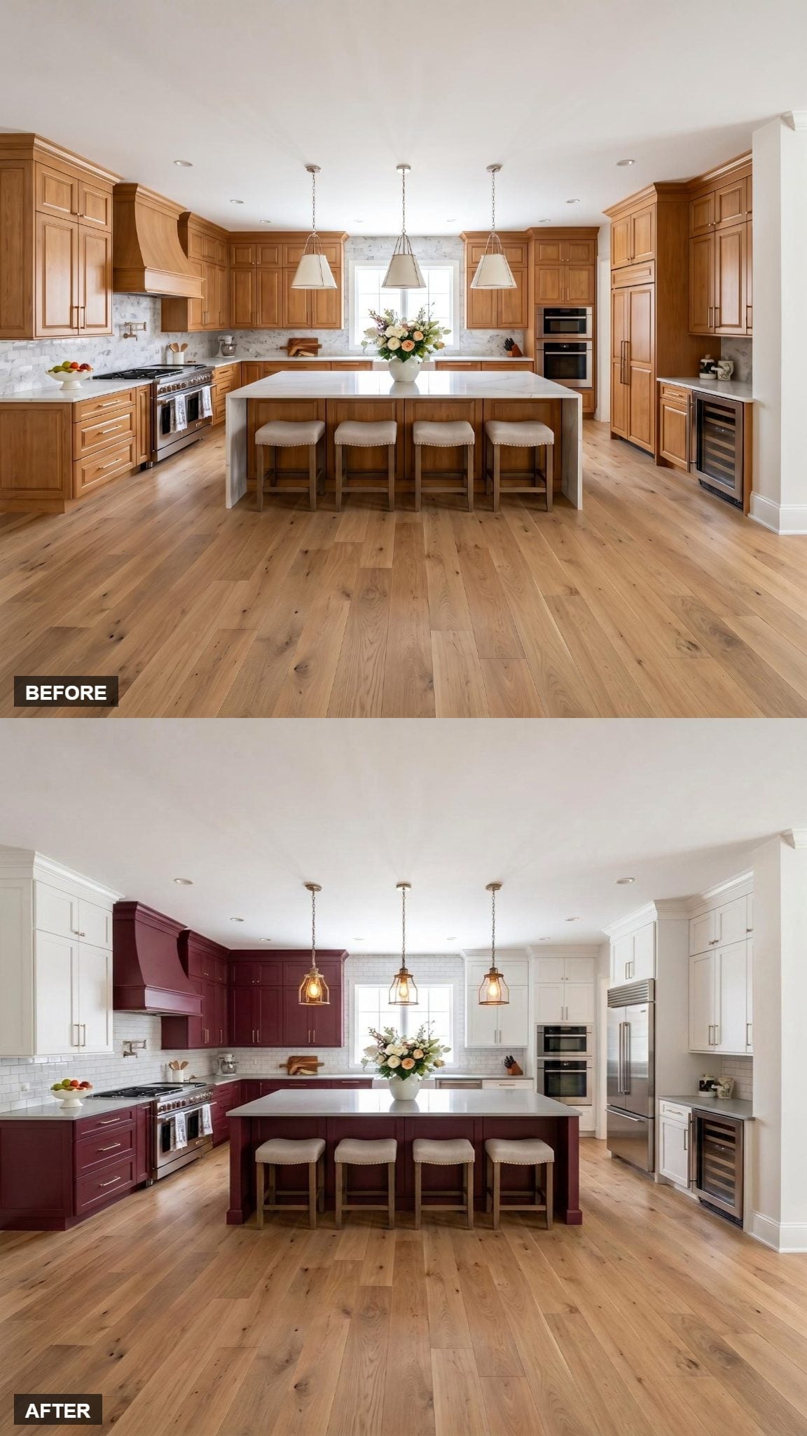 Burgundy Island, White Perimeter, and Pendant Lights That Actually Earn Their Keep