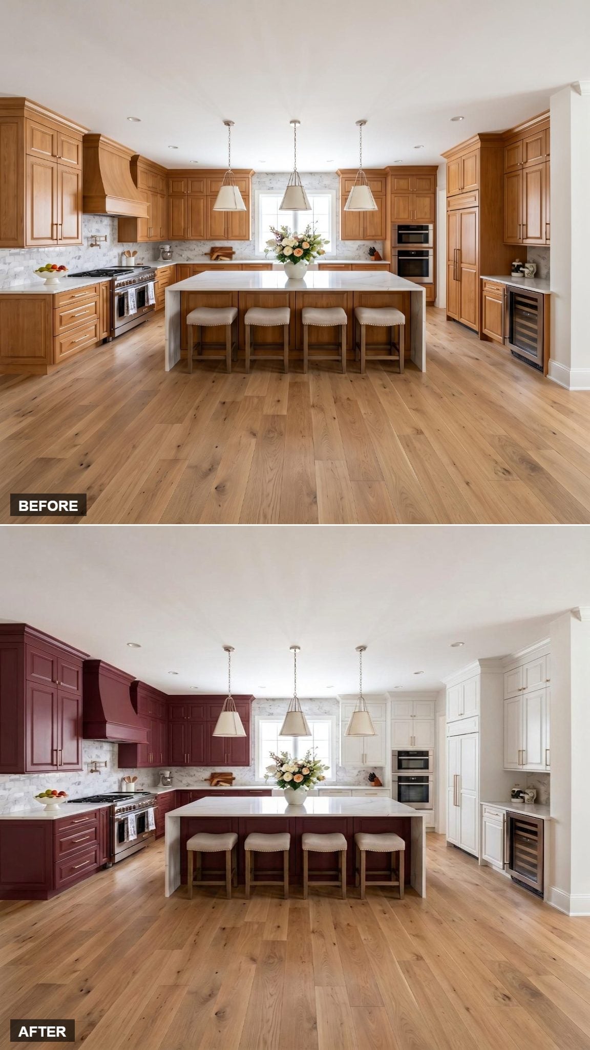 Burgundy Left, White Right, and a Kitchen That Doesn't Split the Difference
