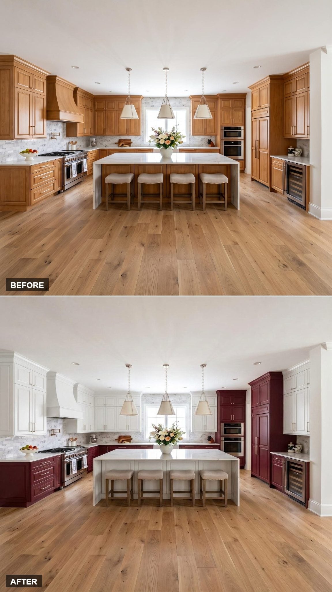 Burgundy Lower Cabinets, White Uppers and Hood, and a Kitchen That Commits