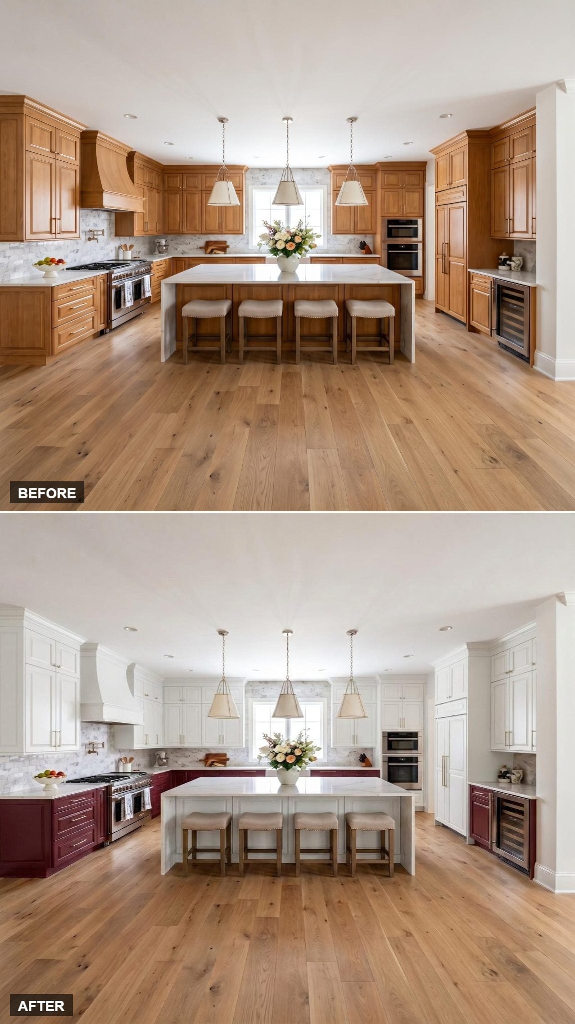 Burgundy Lowers Anchor the Room While White Uppers Let the Ceiling Breathe
