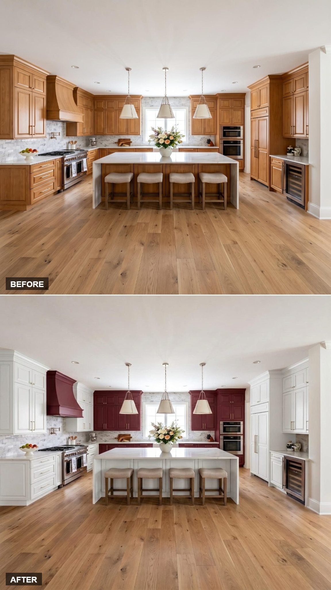 Burgundy Range Hood, White Perimeter Cabinets, and a Kitchen That Means Business