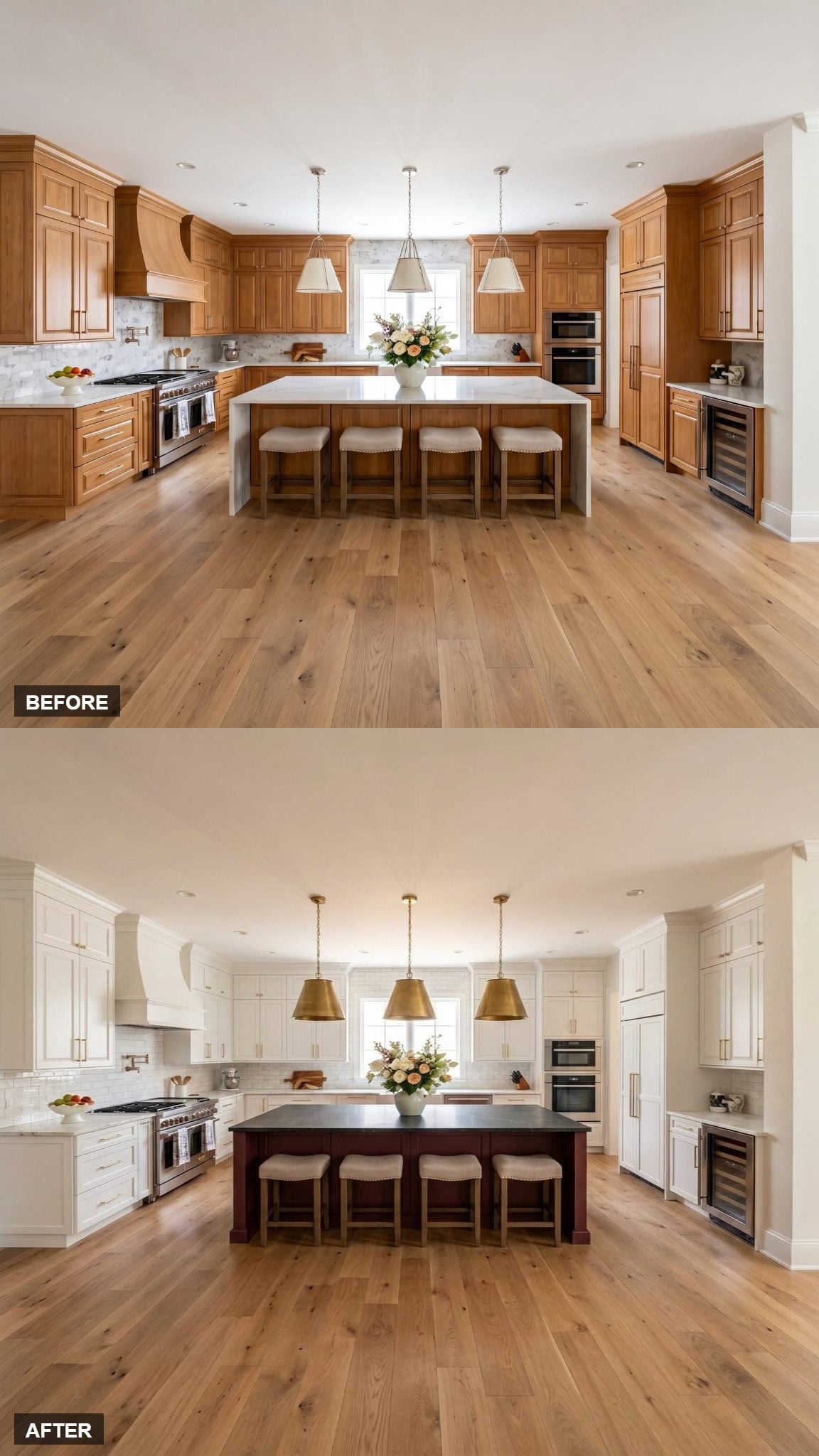 Gold Pendants, Dark Island, White Cabinets: When the Contrast Does the Heavy Lifting