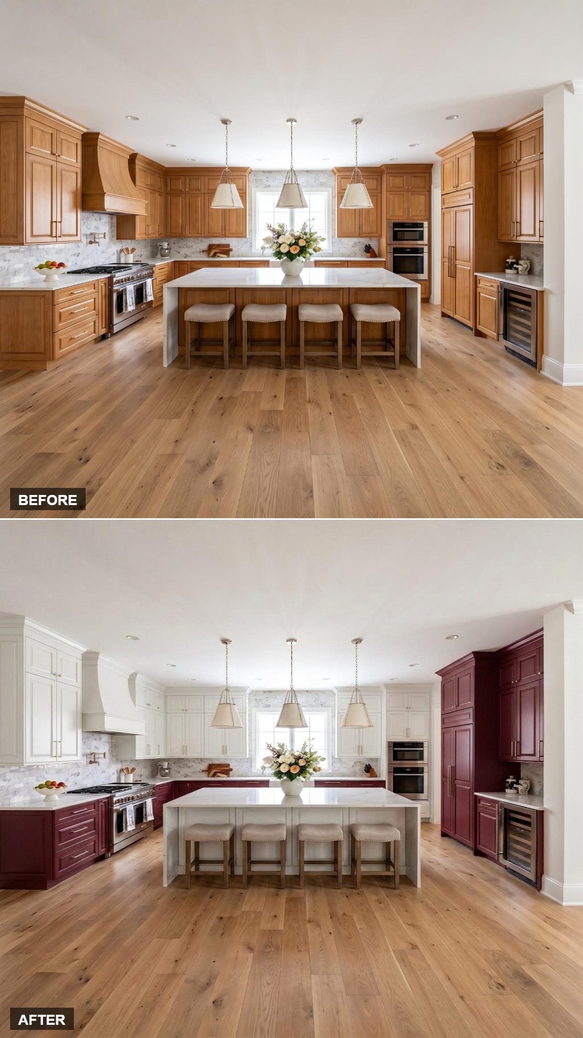 How White Uppers and Burgundy Lowers Split the Work Without Splitting the Room