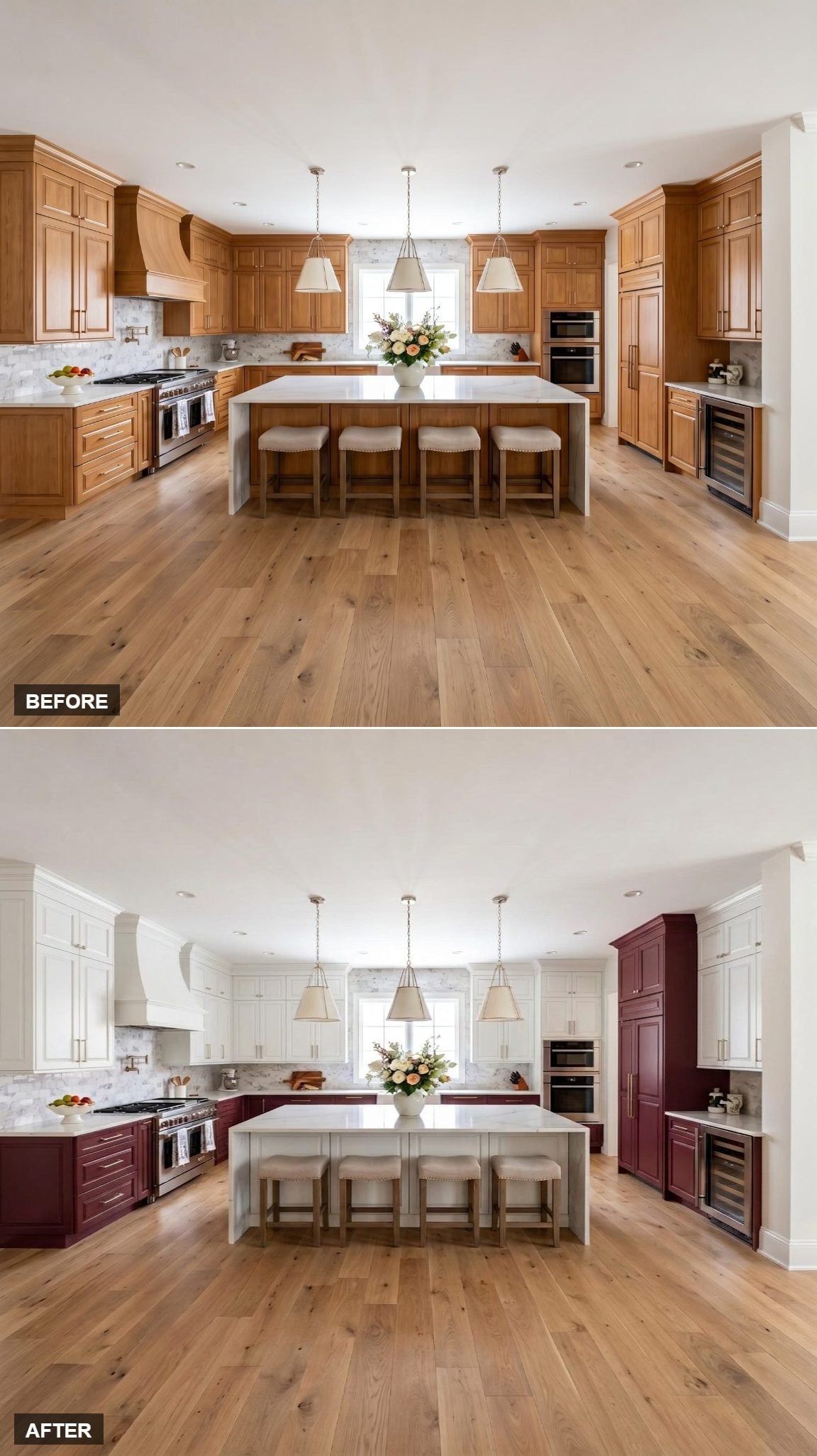 Lower Cabinets Go Burgundy, the Tower Follows, and White Holds the Line Above
