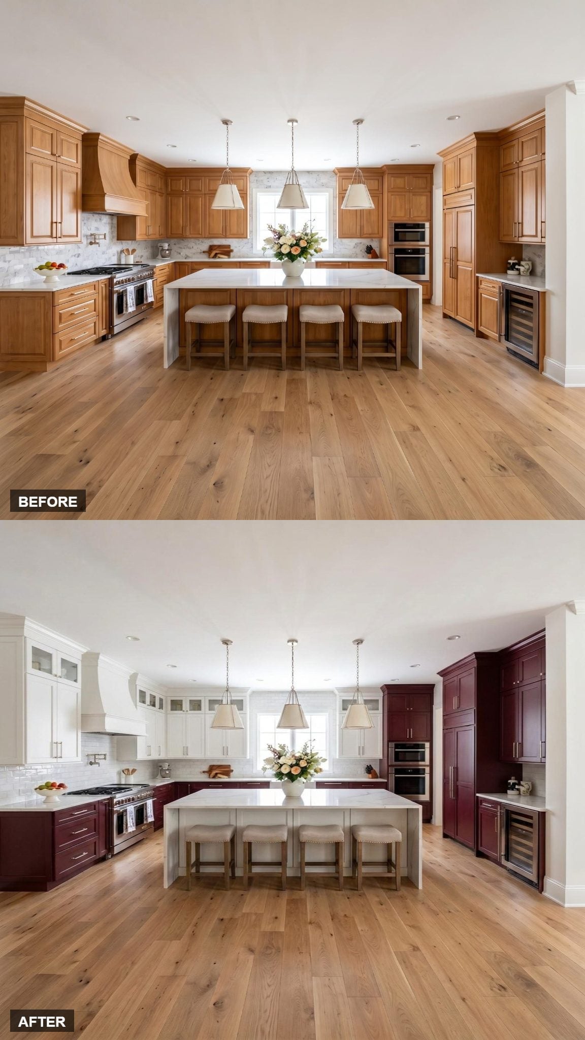 Upper Cabinets Go White, Lower Cabinets Go Burgundy, and the Kitchen Wins
