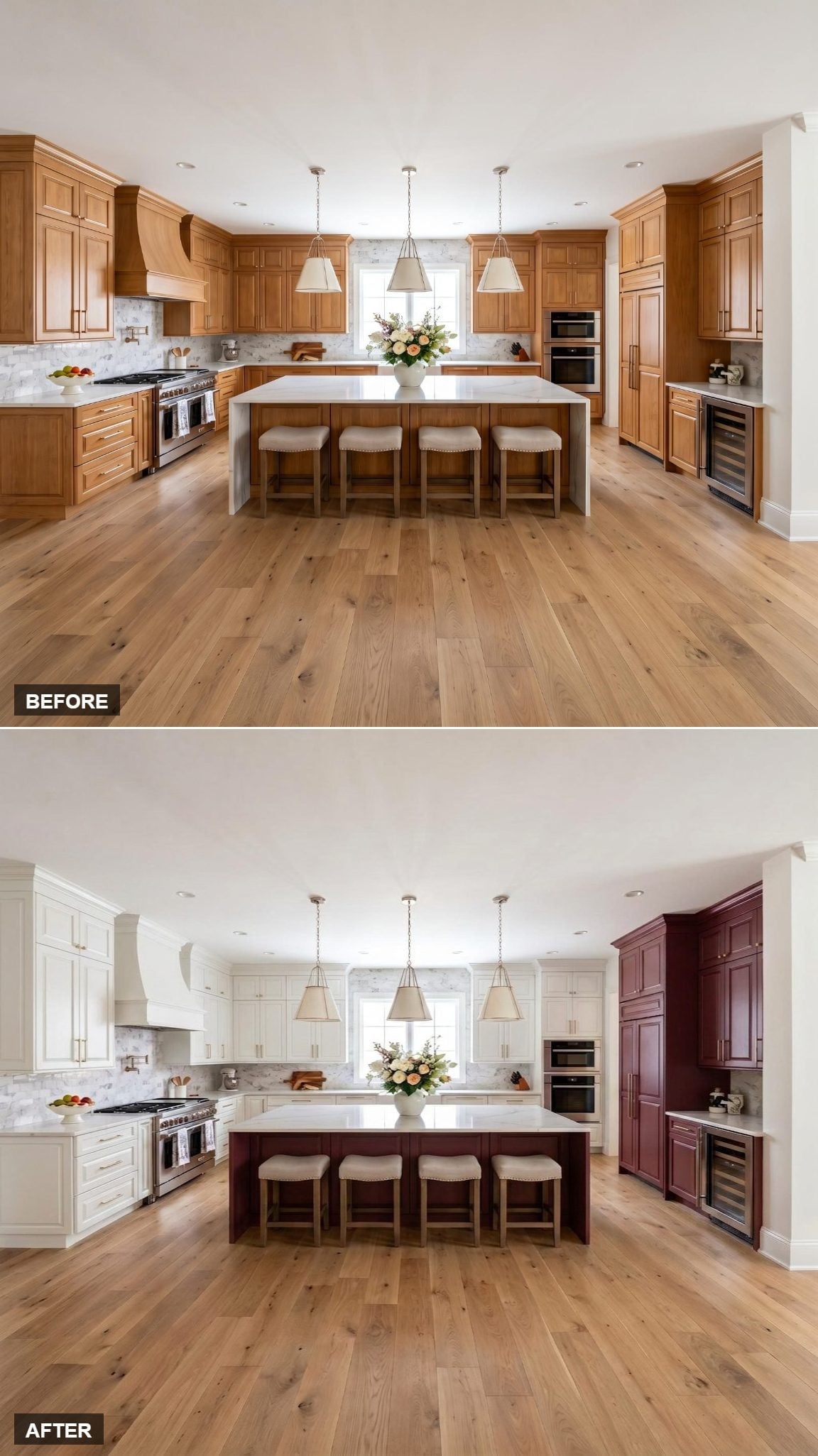 White Cabinets Run the Perimeter, Burgundy Claims the Island and Corner Tower