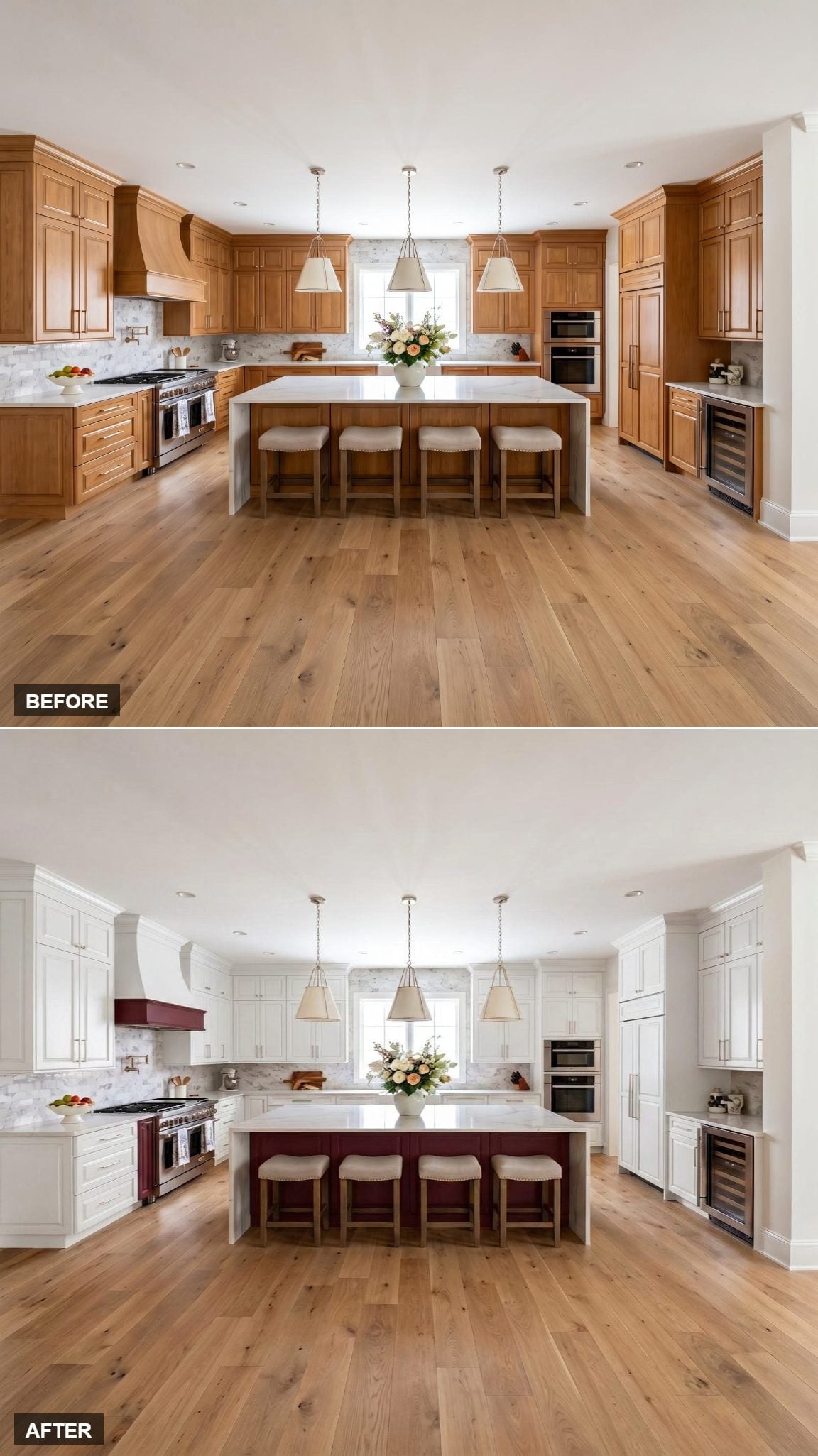 White Cabinets Take Orders, Burgundy Gives Them — Hood and Island Included