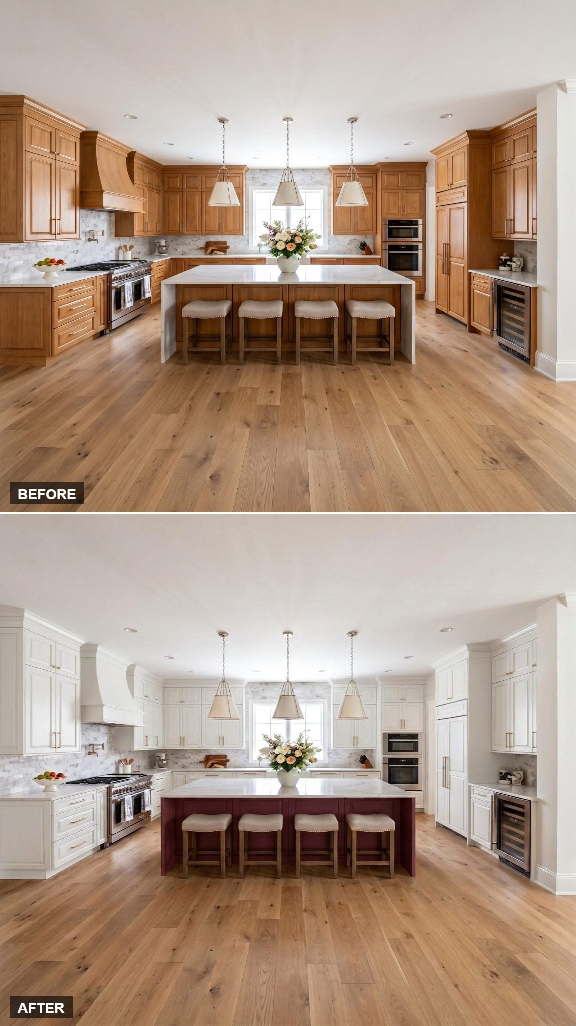 White Cabinets Take the Perimeter, Burgundy Claims the Island, and Neither Apologizes