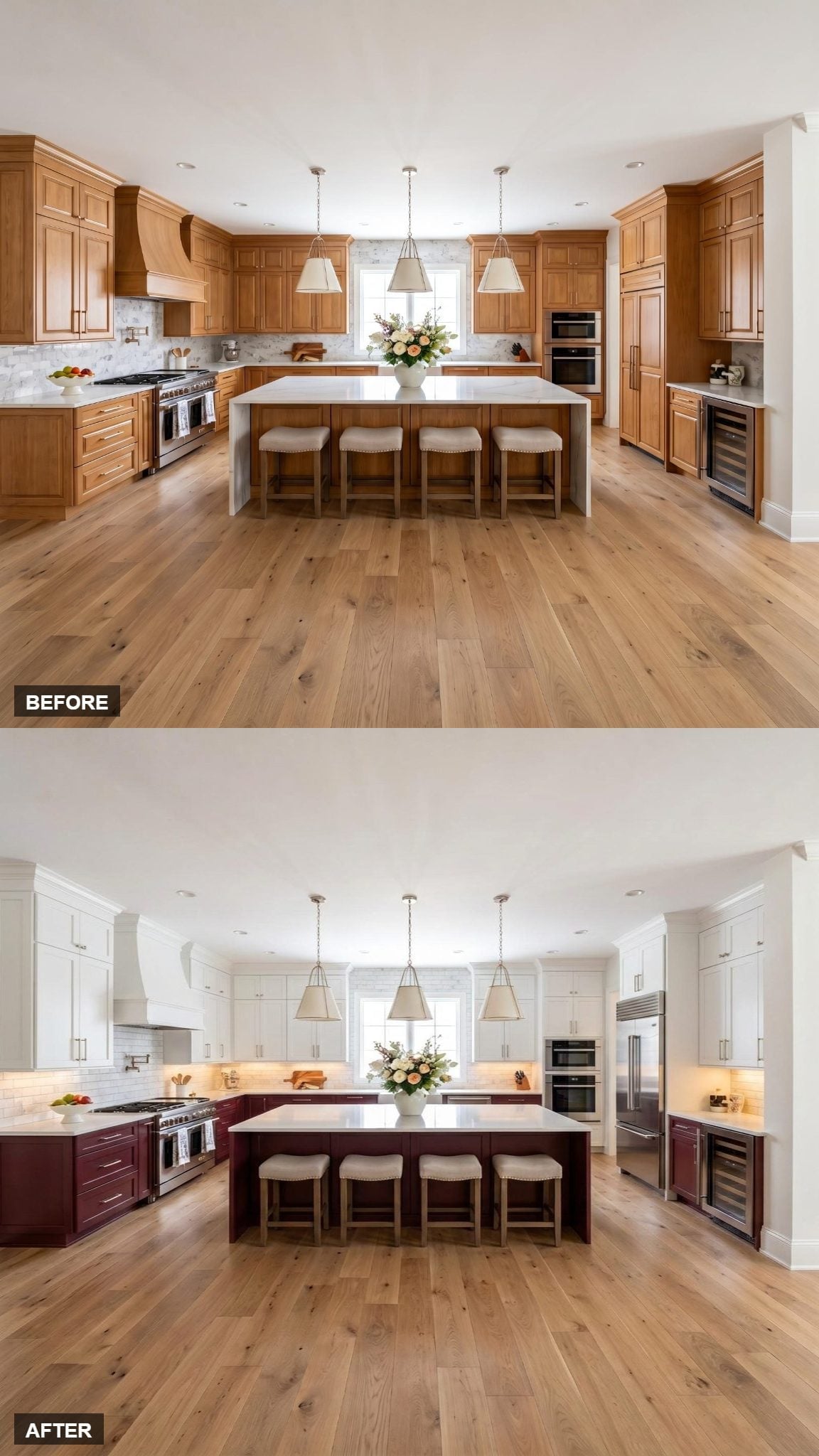 White Uppers, Burgundy Base Cabinets, and a Kitchen That Finally Has a Point of View