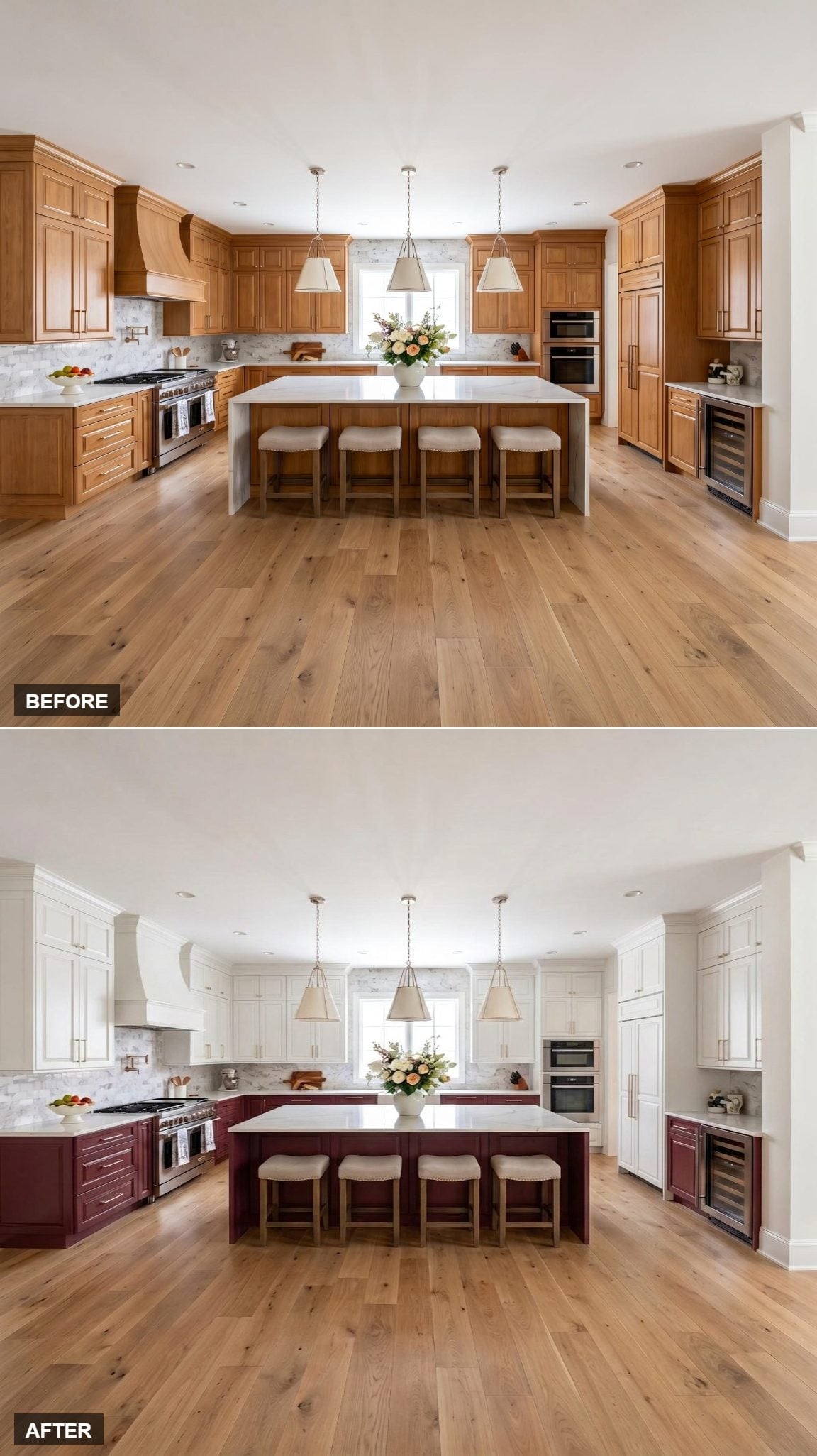 White Uppers, Burgundy Island and Lowers, and a Kitchen With Actual Conviction