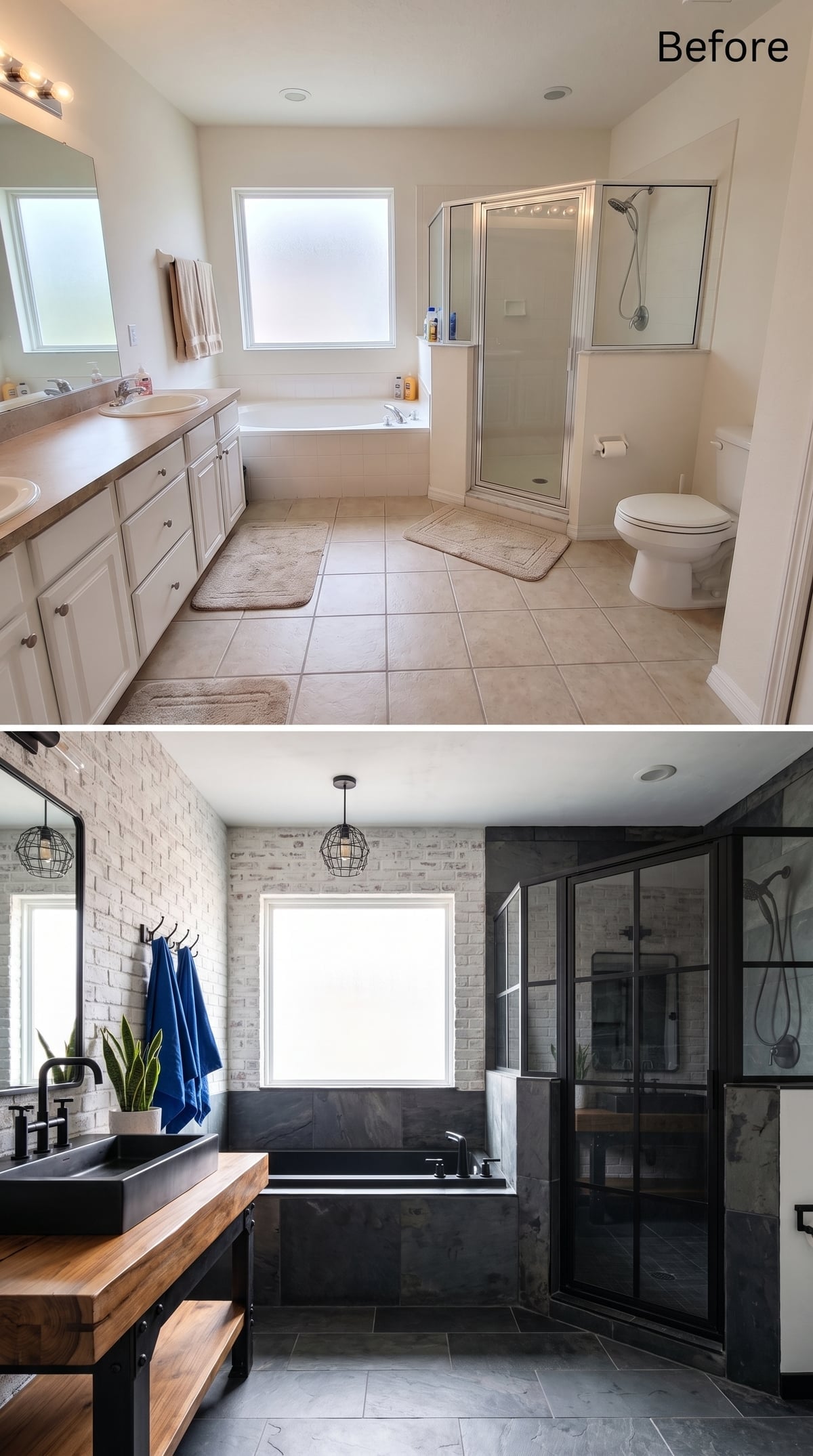 Cage Pendants, Whitewashed Brick, and a Slate Tub Surround That Changes Everything