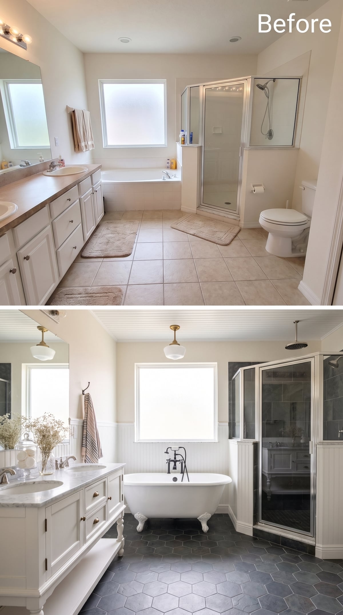 Clawfoot Tub, Brass Schoolhouse Lights, and Hexagon Slate That Means Business
