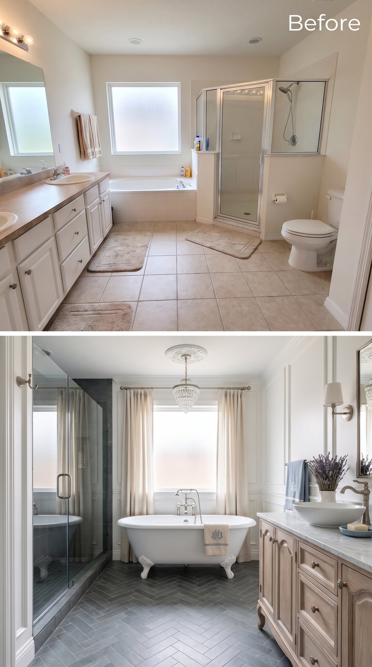 Crystal Chandelier, Clawfoot Tub, and Herringbone Slate That Owns the Floor