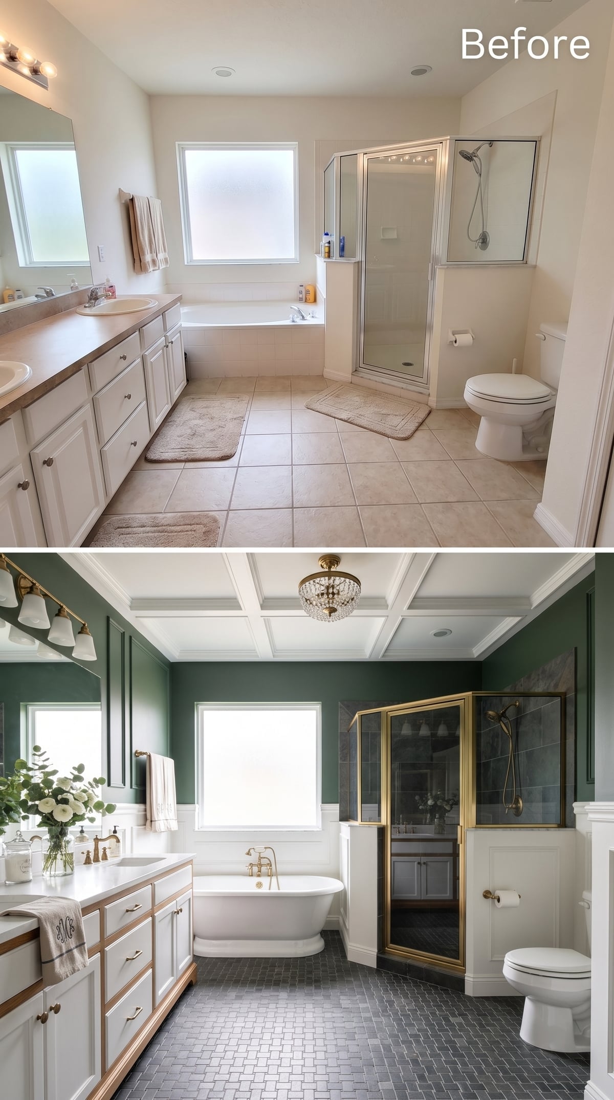 Forest Green Walls, Coffered Ceiling, and Brass That Actually Belongs Here