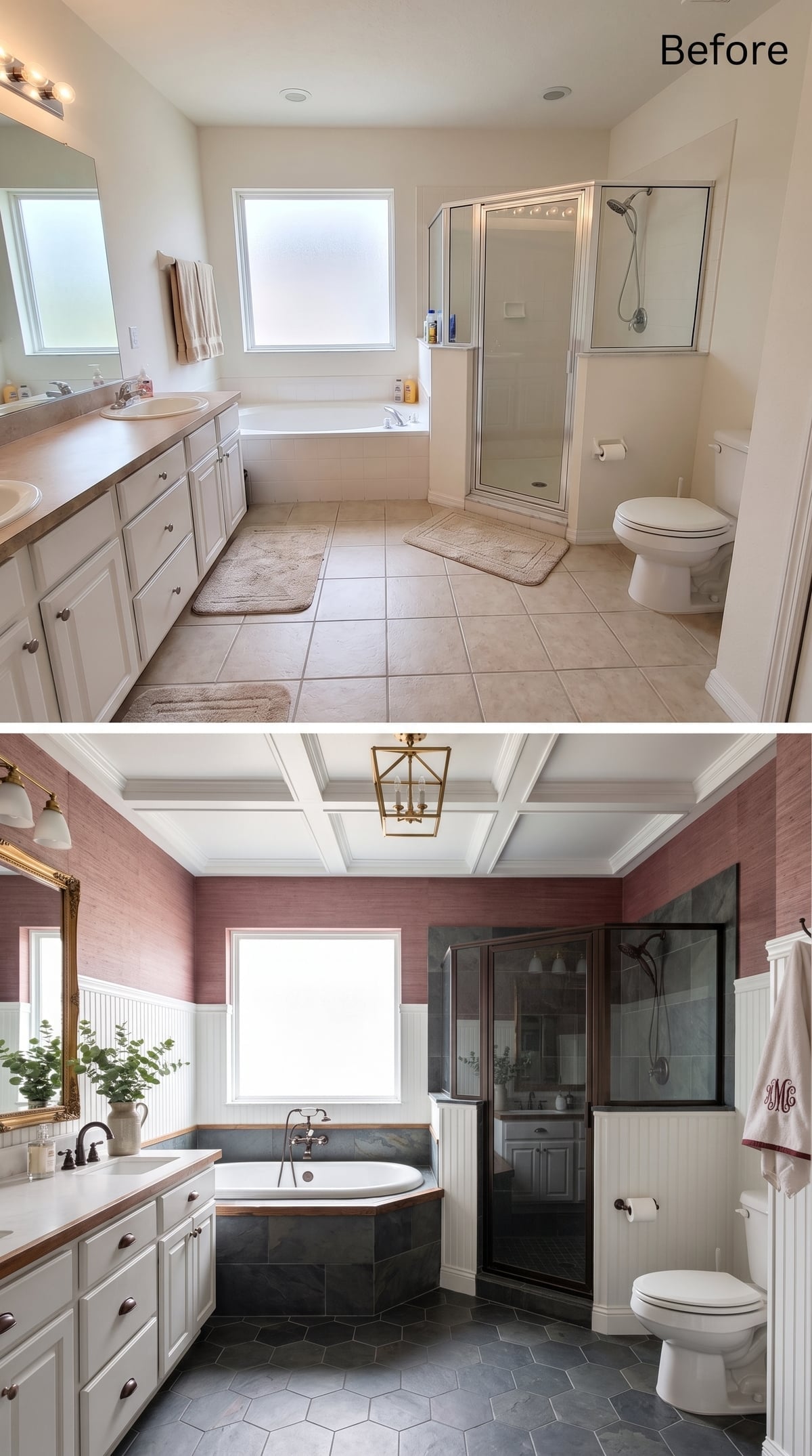 Grasscloth Walls, Coffered Ceiling, and a Slate Tub Surround Nobody Saw Coming