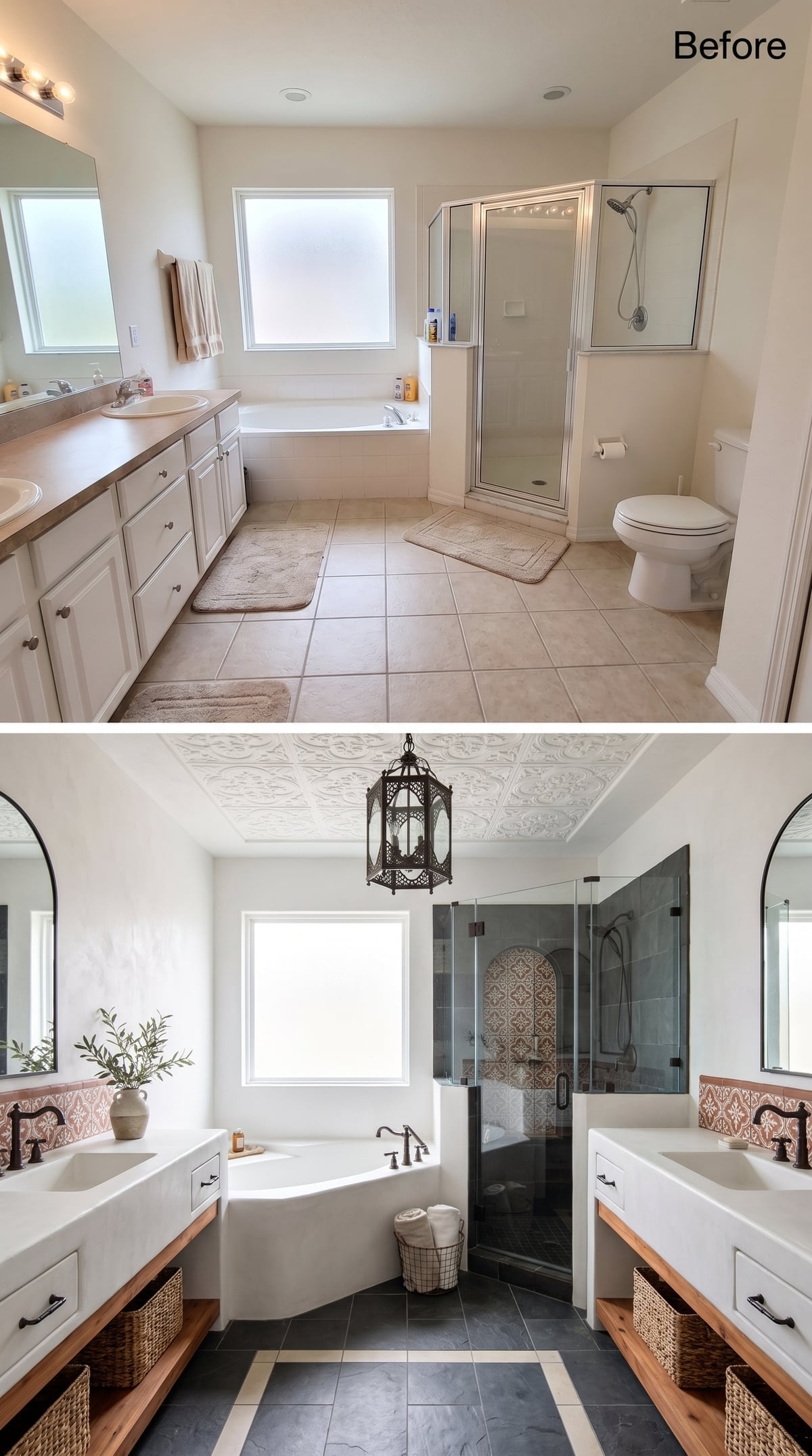 Ornate Ceiling Tile, Lantern Pendant, and Patterned Shower Tile That Anchors Everything