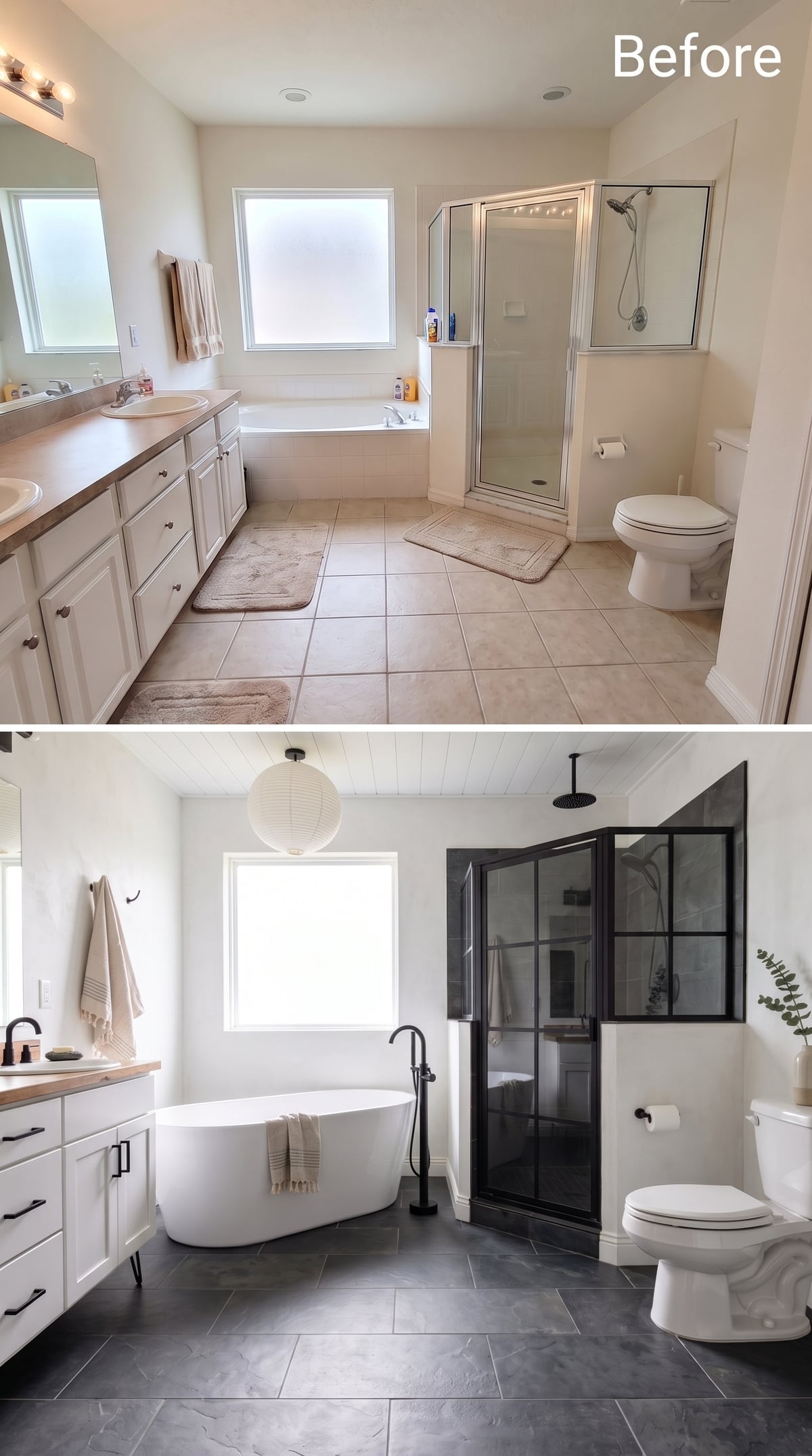 Paper Lantern, Freestanding Tub, and Slate Floors That Anchor Everything