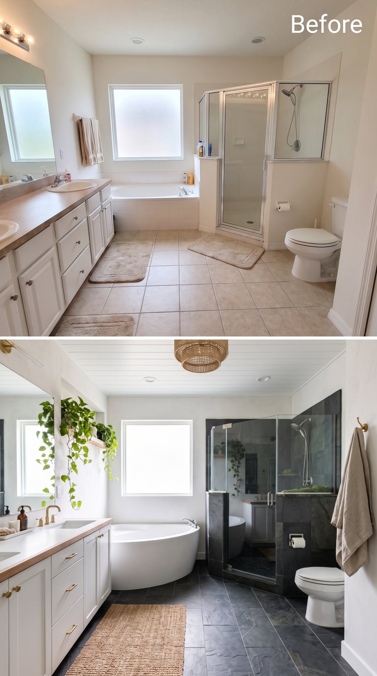 Rattan Flush Mount, Freestanding Soaker, and Shiplap Ceiling That Earns the Look