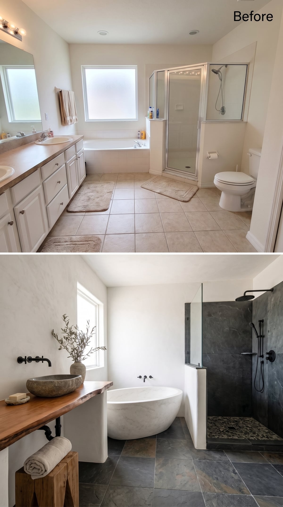 River Stone Vessel, Live-Edge Vanity, and a Soaker Tub That Owns the Room
