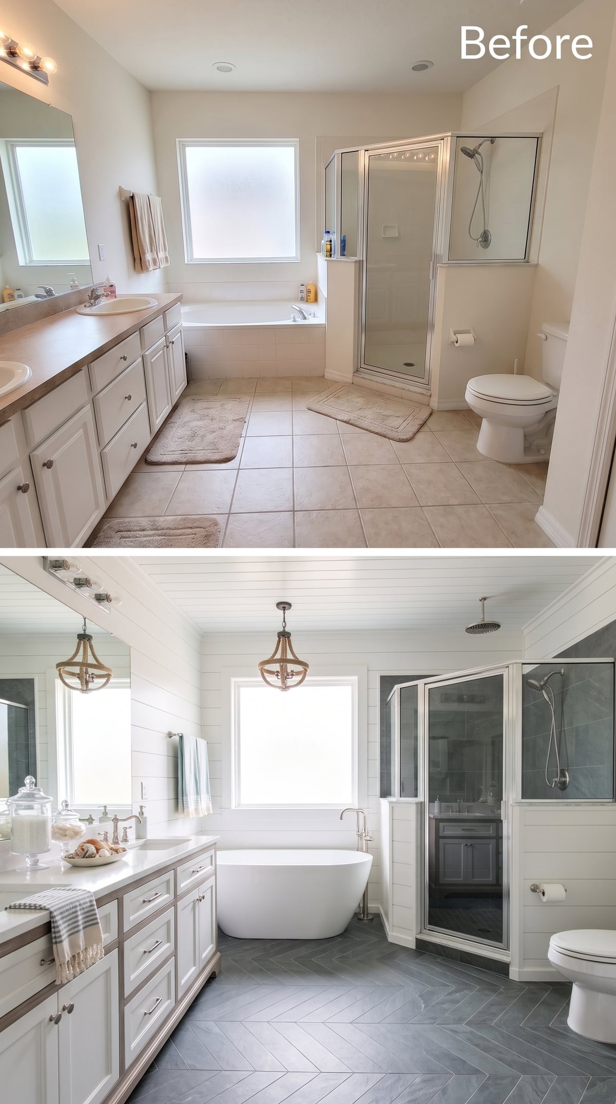 Rope Chandeliers and Herringbone Slate Made This Bathroom Worth Waking Up For
