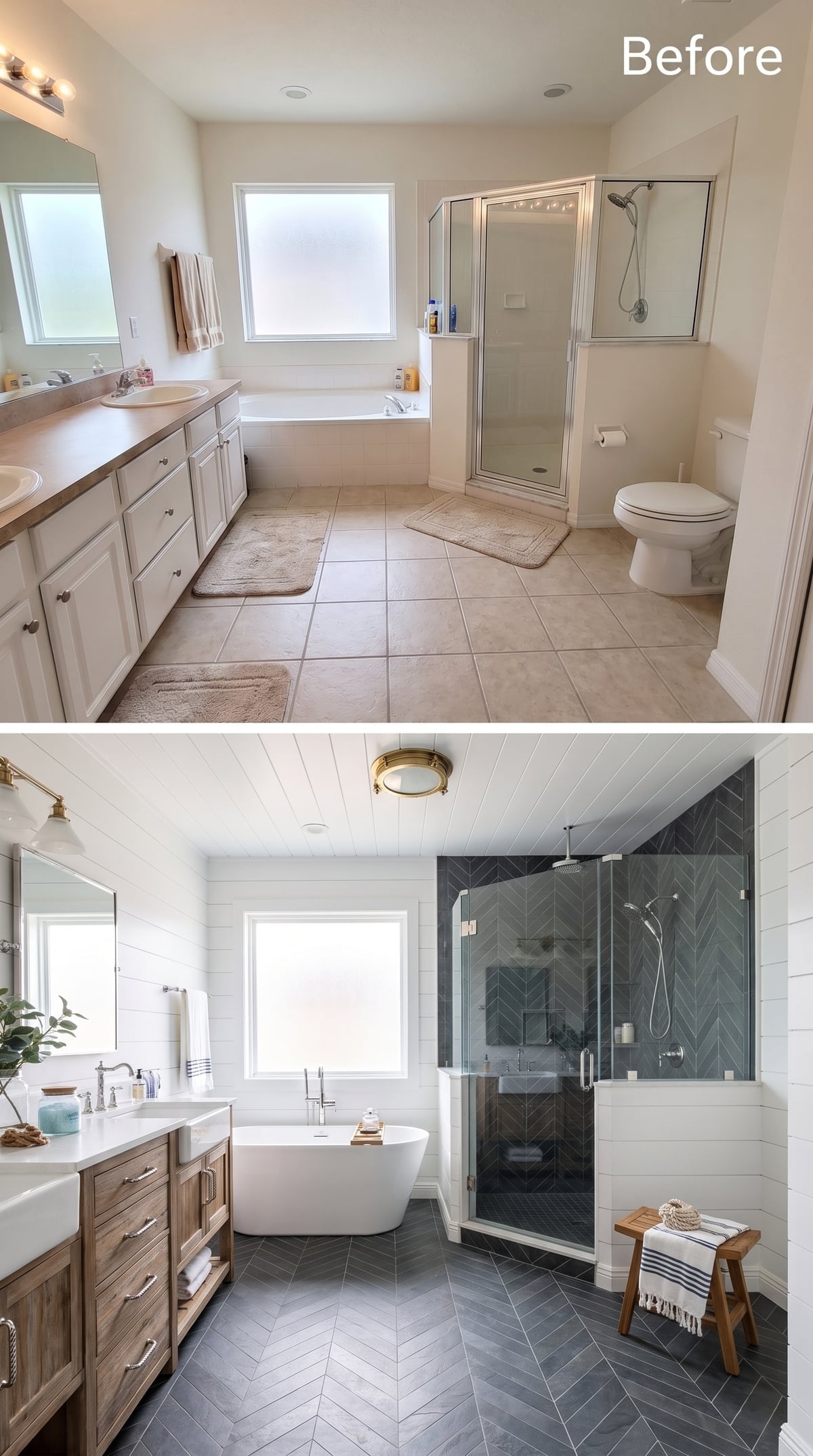 Shiplap Ceiling, Chevron Slate Floor, and a Freestanding Tub That Earns Its Footprint