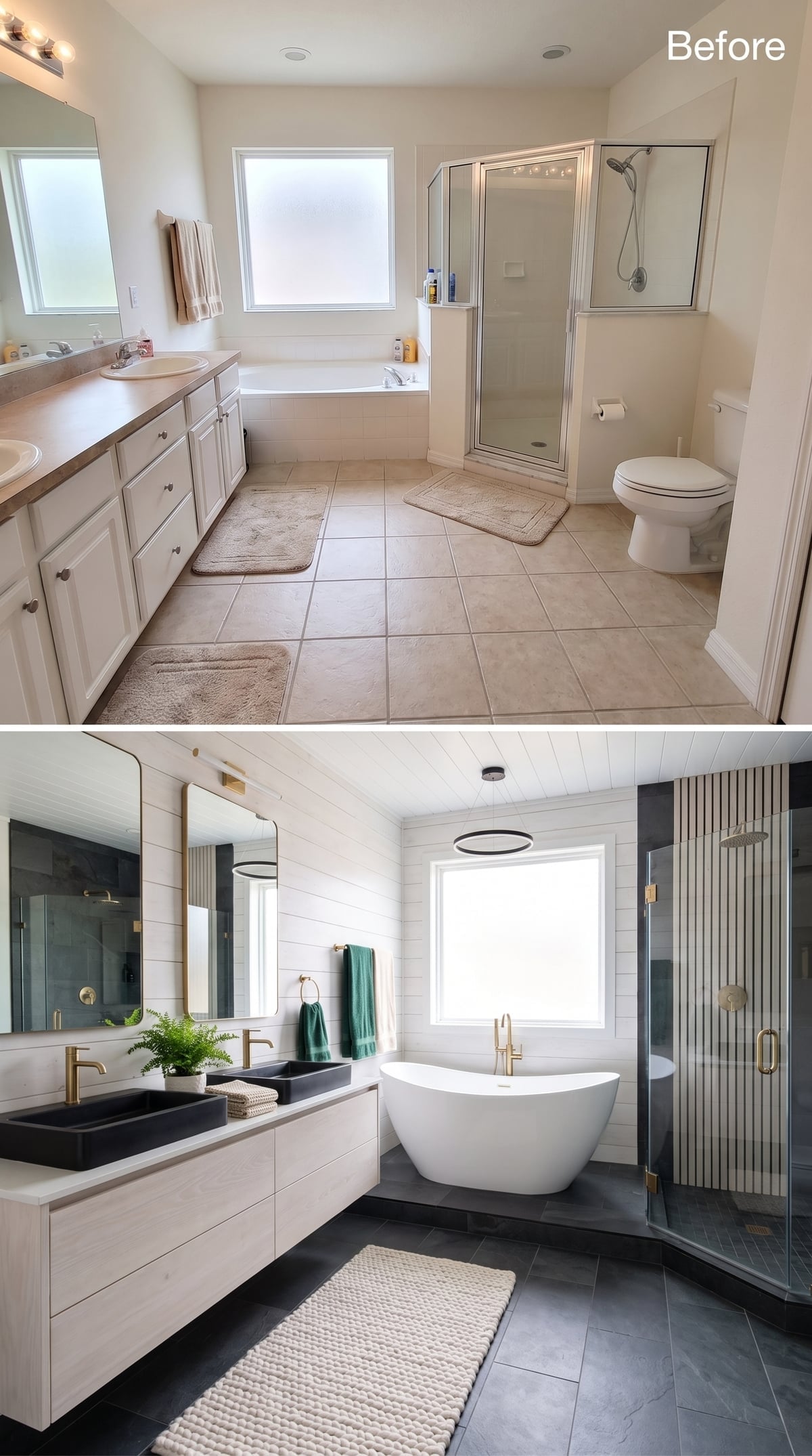 Shiplap Ceiling, Freestanding Soaker, and Dual Black Sinks That Hold Their Own